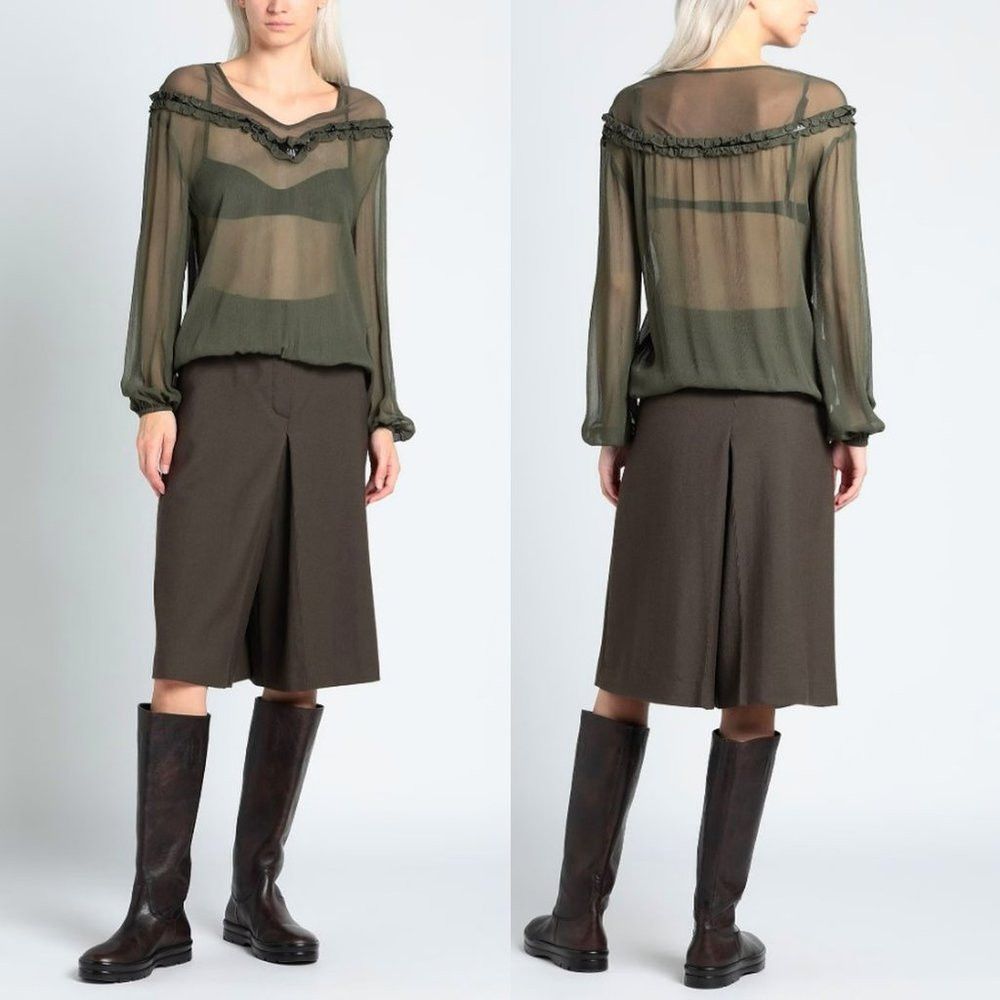 Patrizia Pepe NWT New $203 Patrizia Pepe Olive Sheer Blouse Top Size 6 Size M / US 6-8 / IT 42-44 - 1 Thumbnail