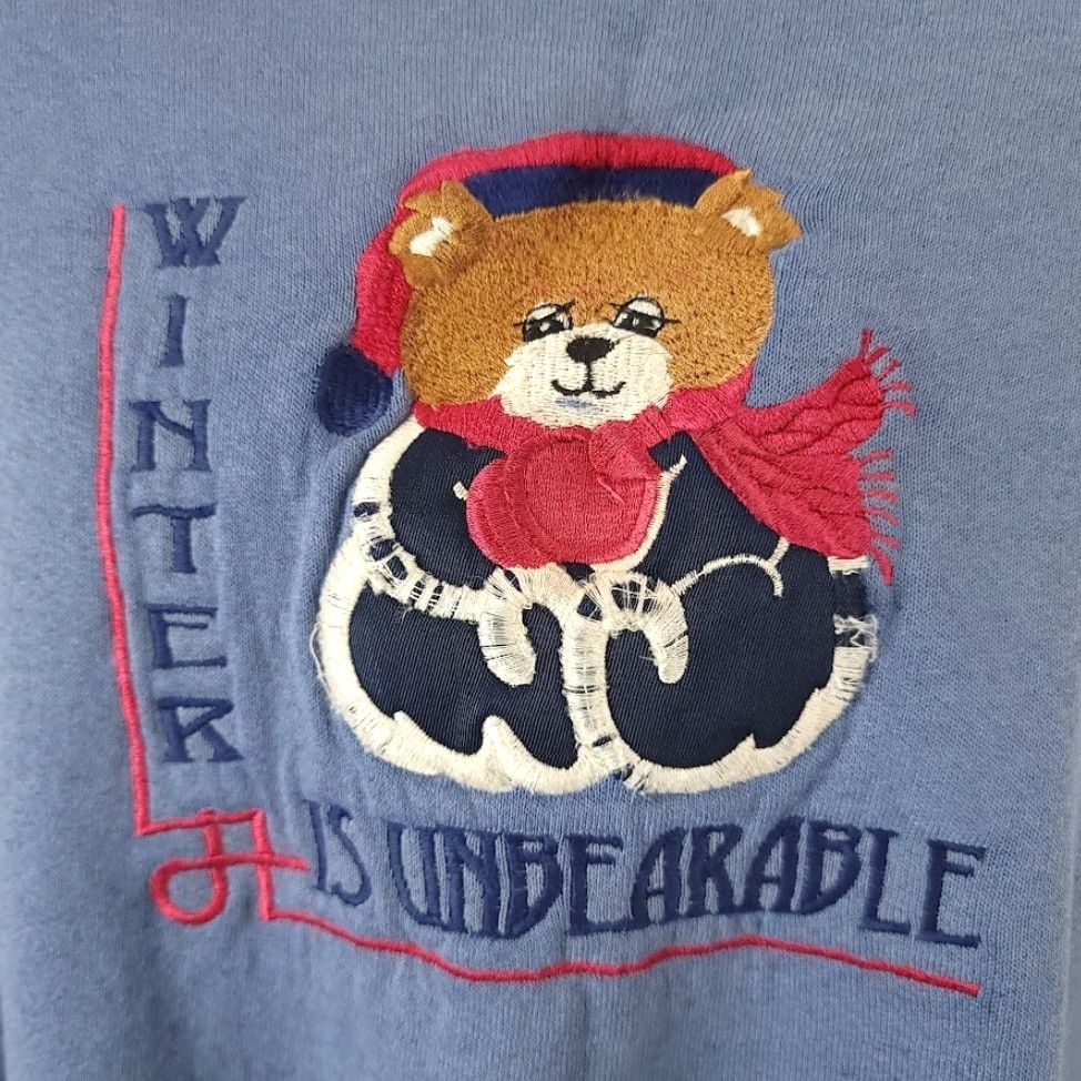 Vintage VINTAGE Unbearable Winter Sweatshirt Mens 3XL Blue Cotton Mix Embroidered 80s Christmas Teddy Bear Made In USA Winter Is Unbearable Mens 3XL Size US XXL / EU 58 / 5 - 3 Thumbnail