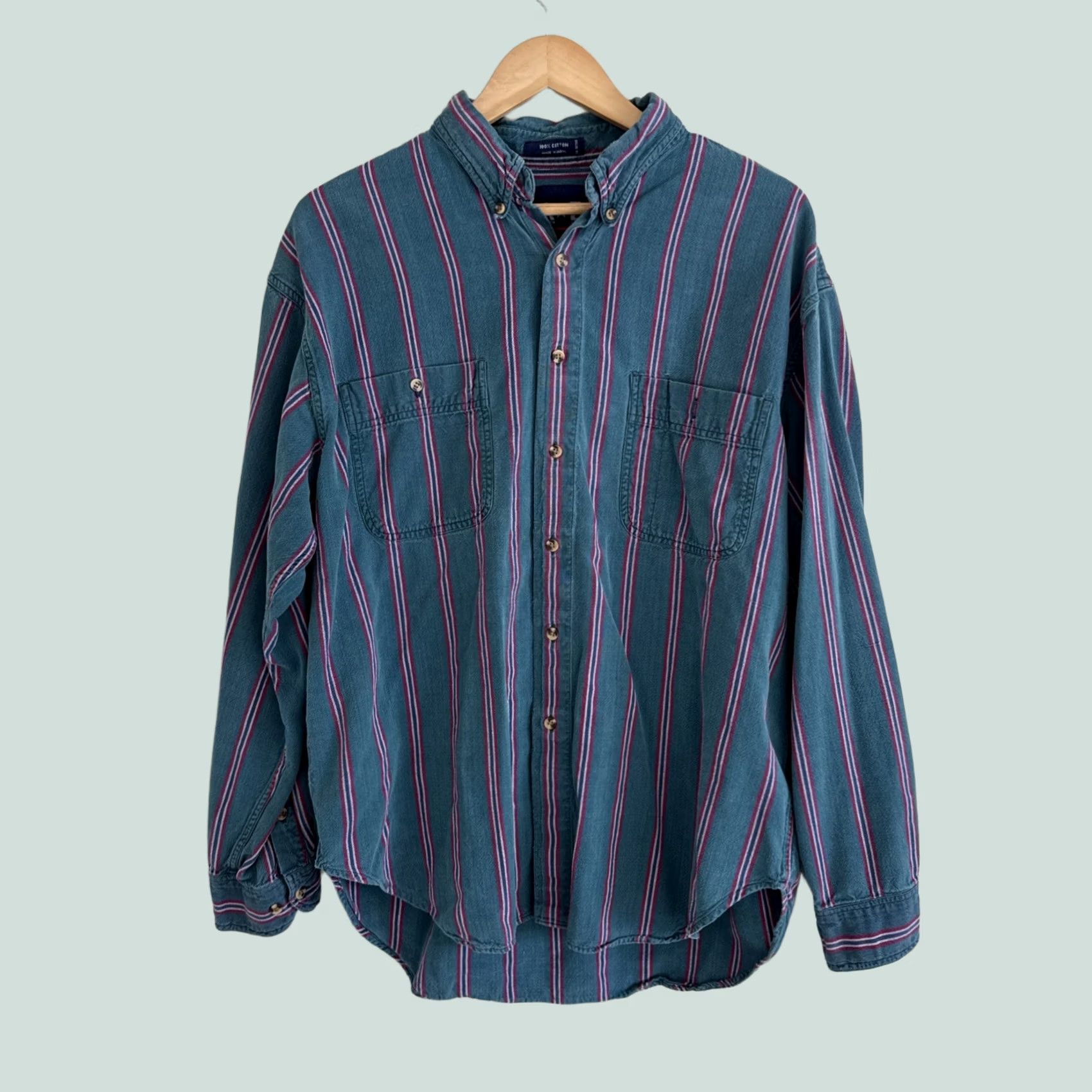 Vintage American Blue Button-Up Shirt Mens 1XL Green Striped Collared Cotton Made In Usa 90s Classic, Men's