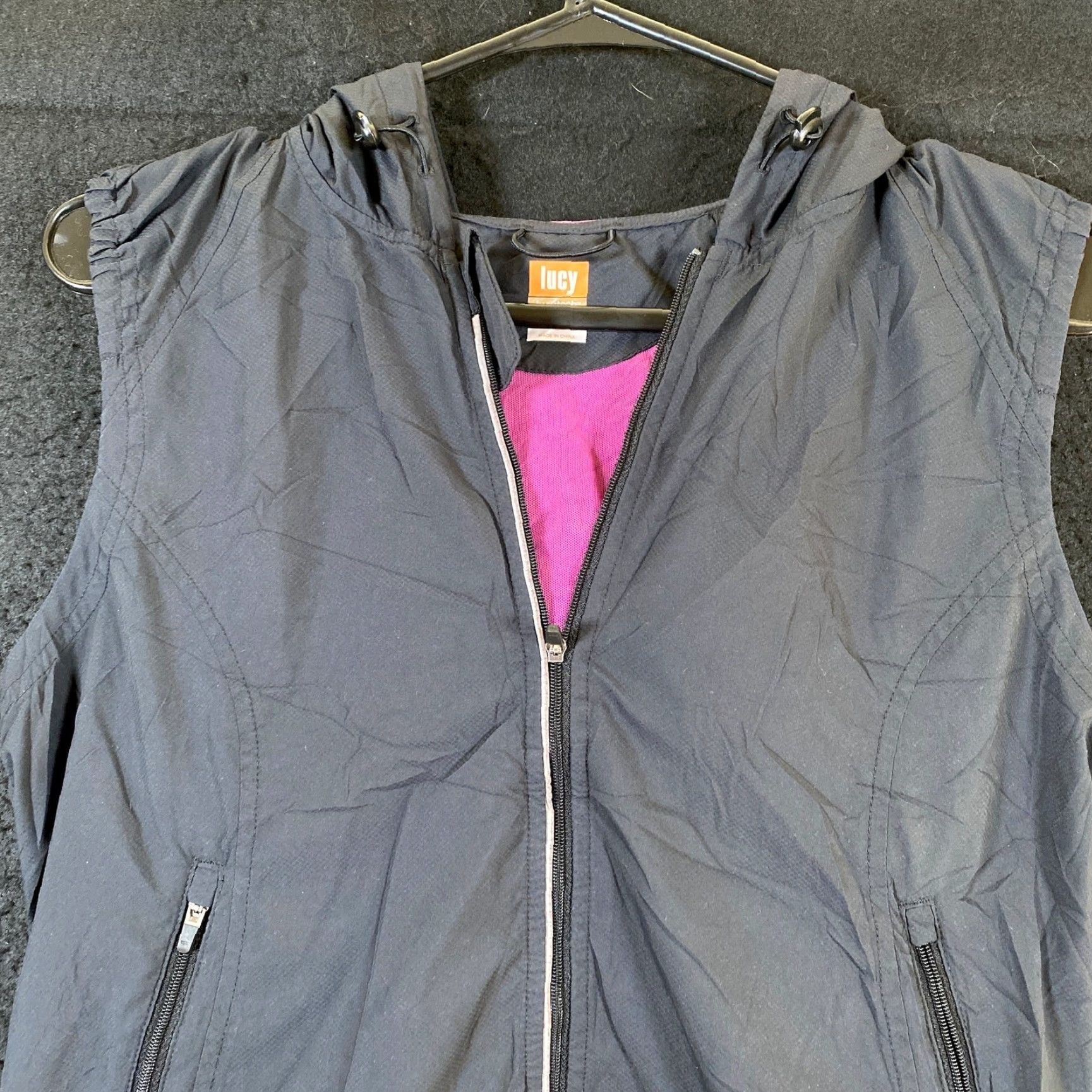 Vintage Lucy Womens Vest Dark Blue Full Zip Hooded LucyTech Lightweight Pocket XS Vest Satin Polyester Windbreaker Womens XS Size XS / US 0-2 / IT 36-38 - 2 Thumbnail