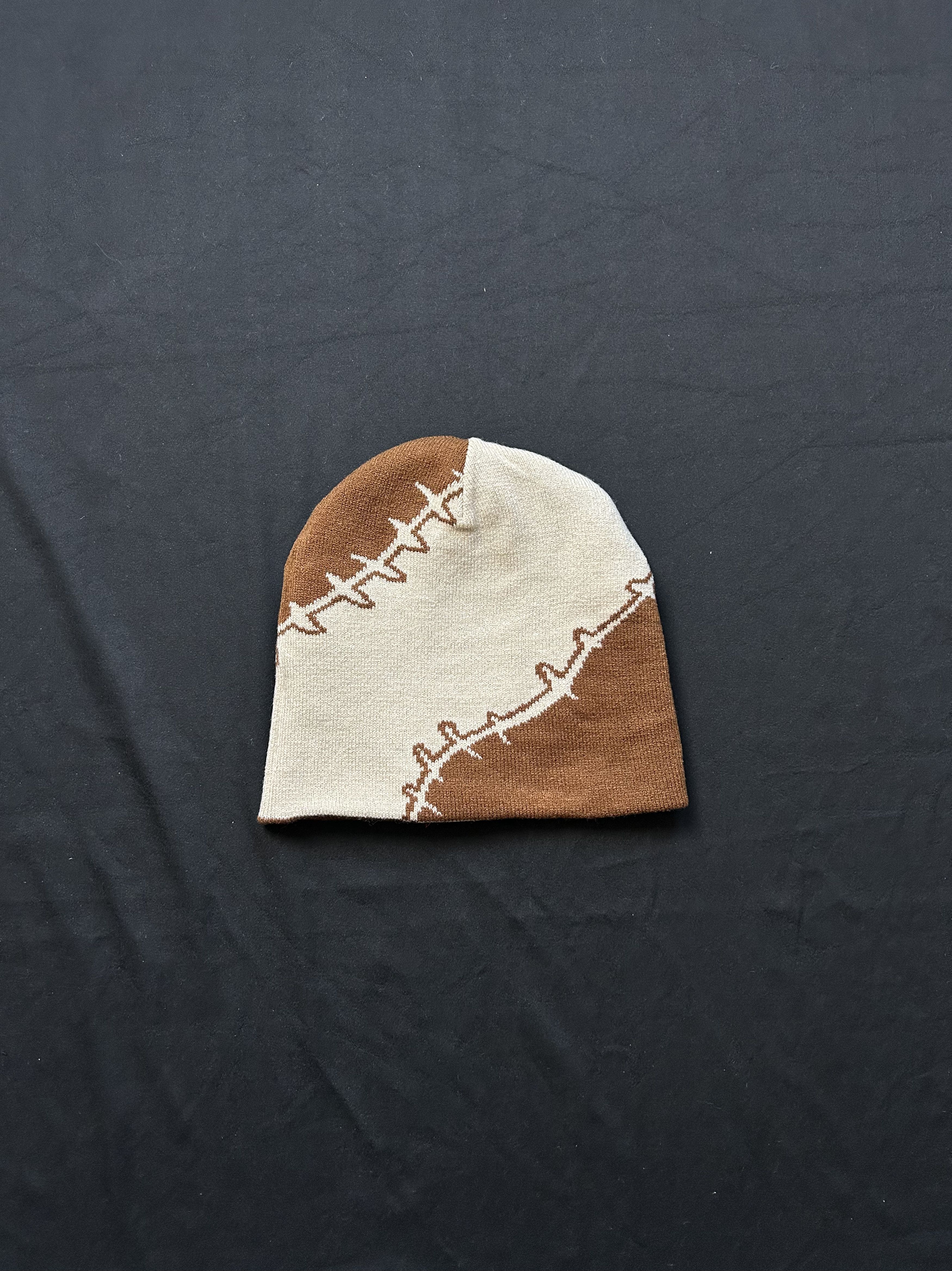 Japanese Brand Deadstock Stitch Graphic No Cuff Brown Beanie Hat OS Size ONE SIZE - 5 Thumbnail