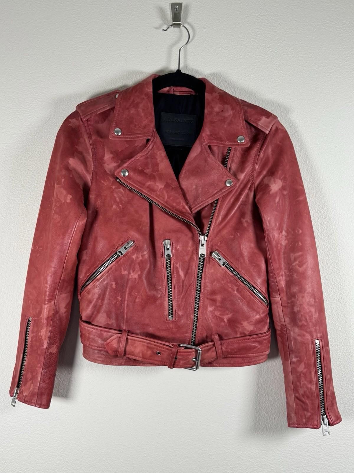 Allsaints $619 EUC All Saints Red Tie Dye Leather Biker Jacket Size 2 Size XS / US 0-2 / IT 36-38 - 2 Thumbnail