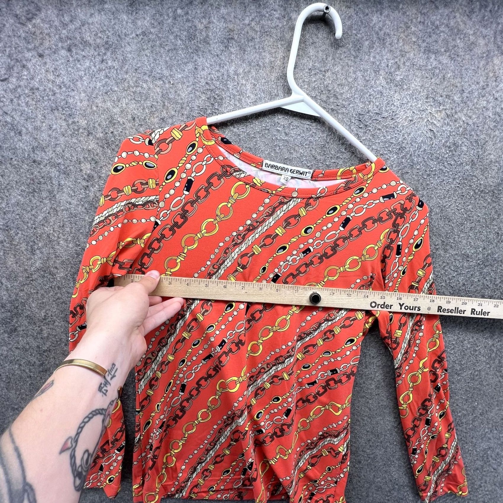 Vintage Barbara Gerwit Blouse Womens XS Orange Chain Print Long Sleeve Stretch Top Size XS / US 0-2 / IT 36-38 - 6 Thumbnail