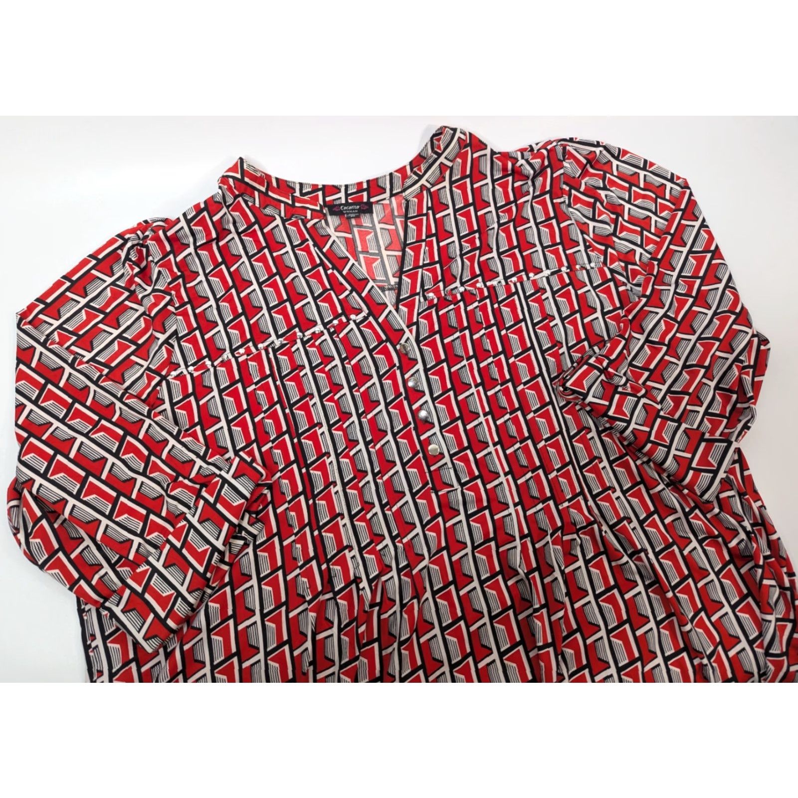 Vintage Cocomo Plus Size 3X Red Studded Roll Tab Sleeve Pintuck Button Top V-Neck Henley Blouse Size XXL / US 16-18 / IT 52-54 - 2 Thumbnail