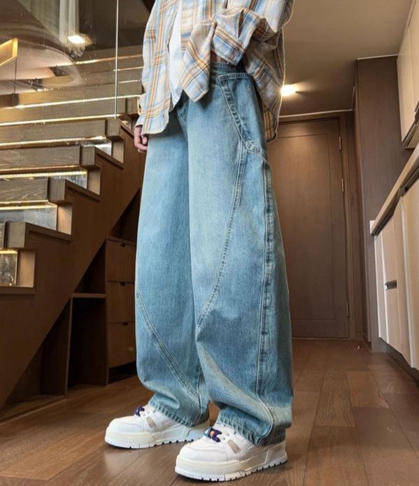 Japanese Brand Men's American wide-leg loose straight washed curved jeans Size US 32 / EU 48 - 2 Thumbnail