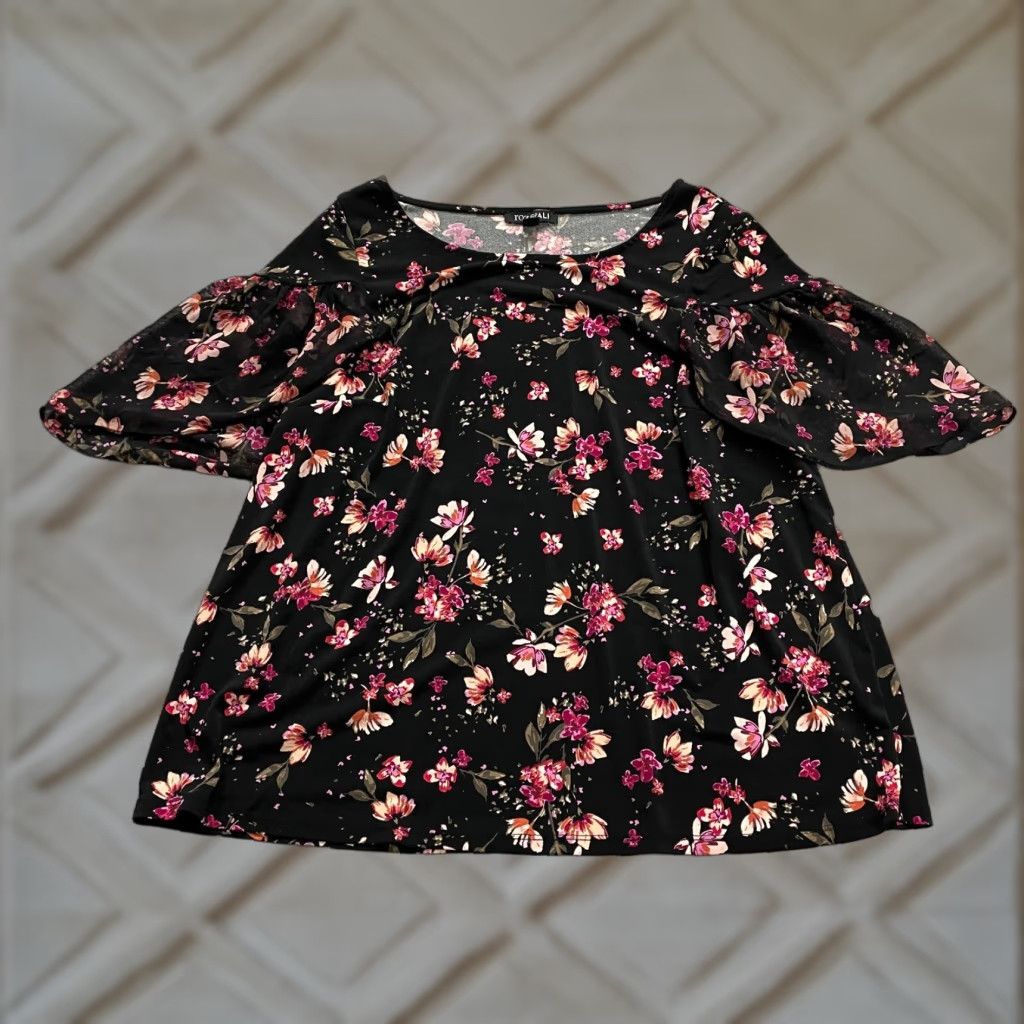 Vintage Roz & Ali Blouse Tunic Womens XL Black Floral Short Sleeve Round Neck Casual Top Size XL / US 12-14 / IT 48-50 - 1 Thumbnail
