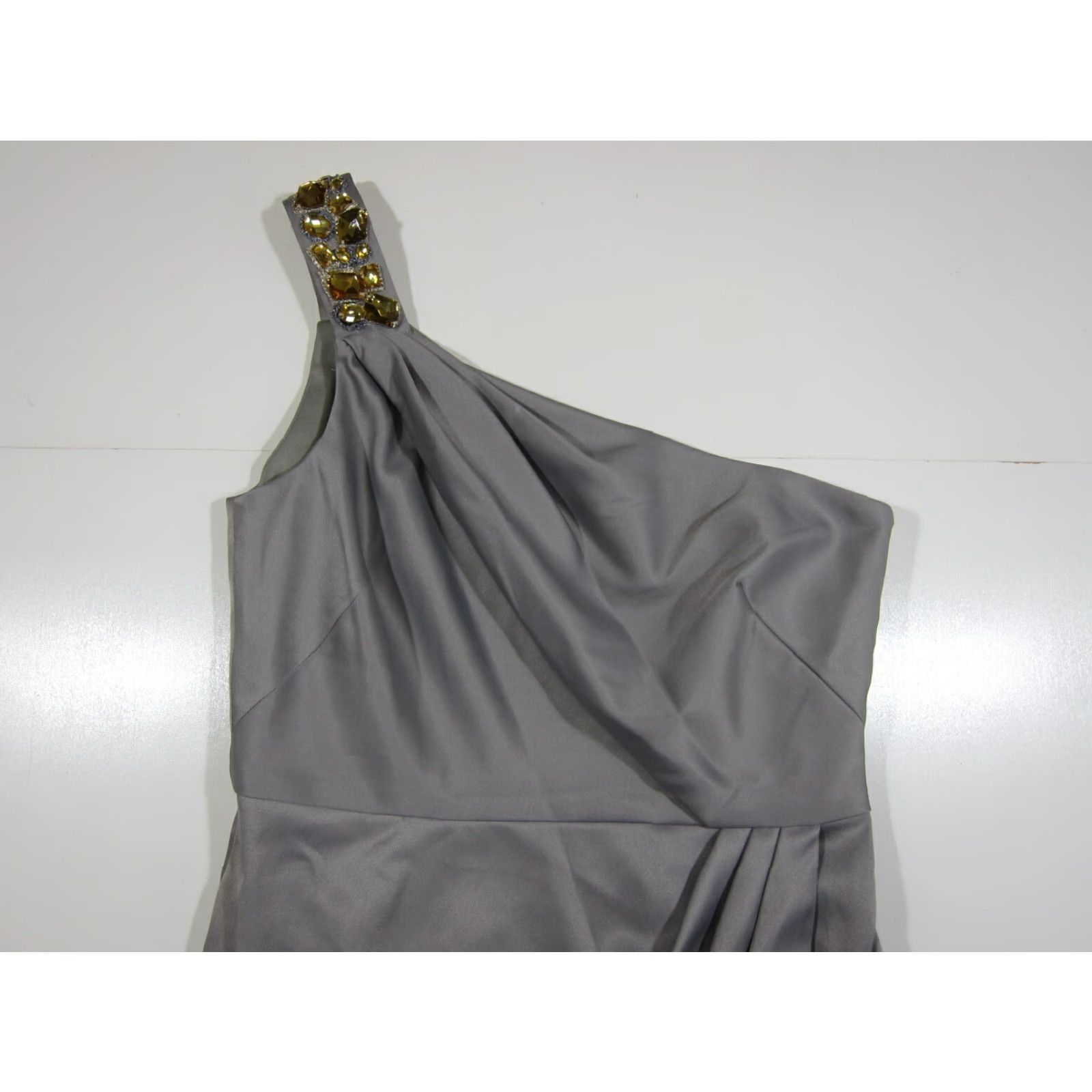 Vintage NWT Jones Wear Grey Satin Gold Jewel Beaded One Shoulder Cocktail Dress Size 6 Size M / US 6-8 / IT 42-44 - 7 Thumbnail