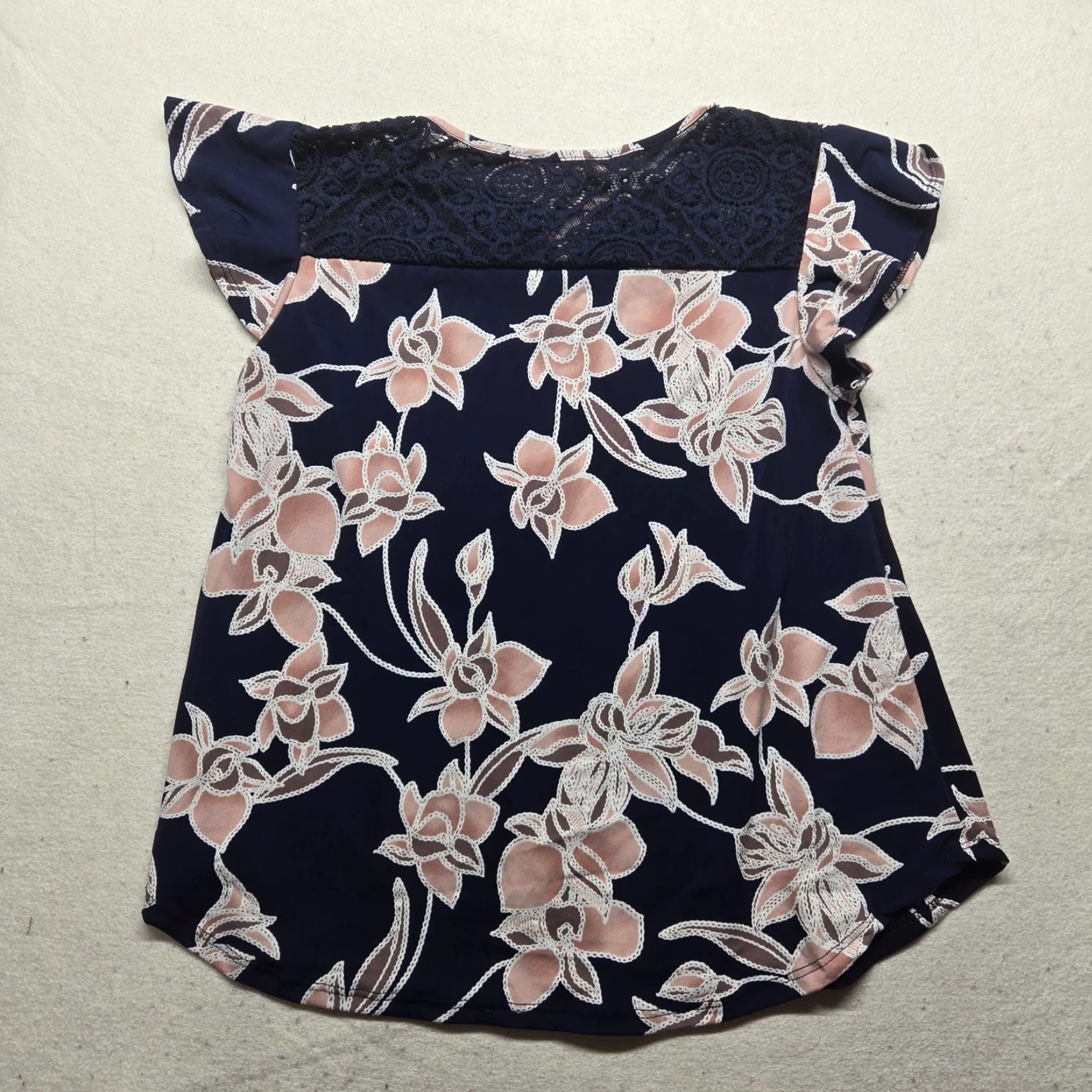 Vintage SJS Blouse Adult Womens Size Medium Navy Blue Floral Short Sleeve Lace Shirt Size M / US 6-8 / IT 42-44 - 6 Thumbnail