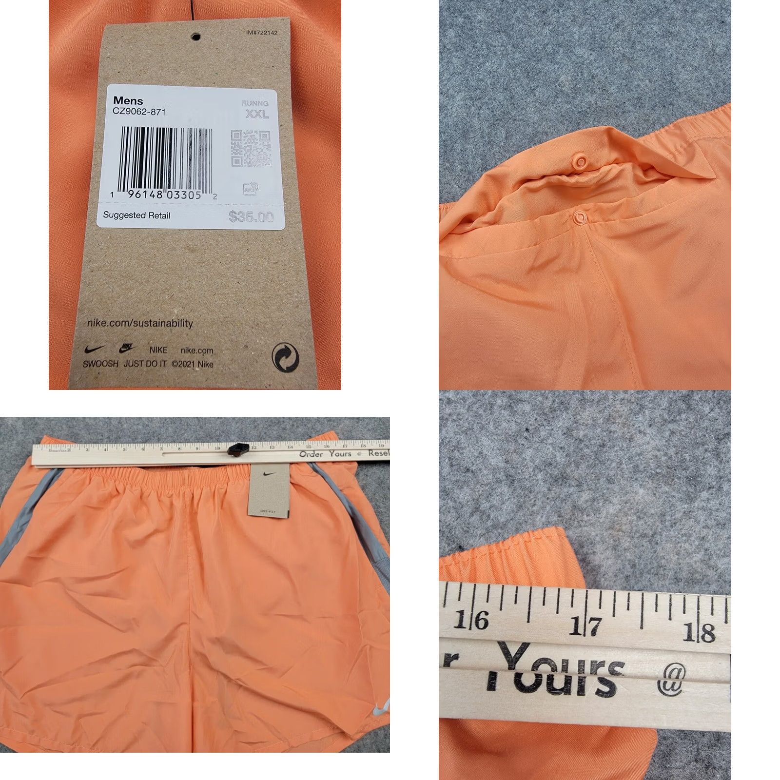 Nike Nike Shorts Mens 2XL Orange 5'' Inseam Dri Fit Logo NWT Sports Athletic Brief Lined Pockets Drawstring Elastic Waist Size US 39 - 9 Thumbnail