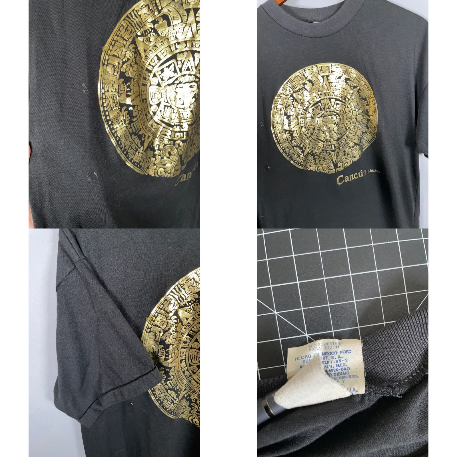 Vintage VINTAGE Sun Sport T-Shirt Adult Large Black Gold Foil Aztec Cancun Mexico Single Stitch 90s Men Size US L / EU 52-54 / 3 - 8 Thumbnail