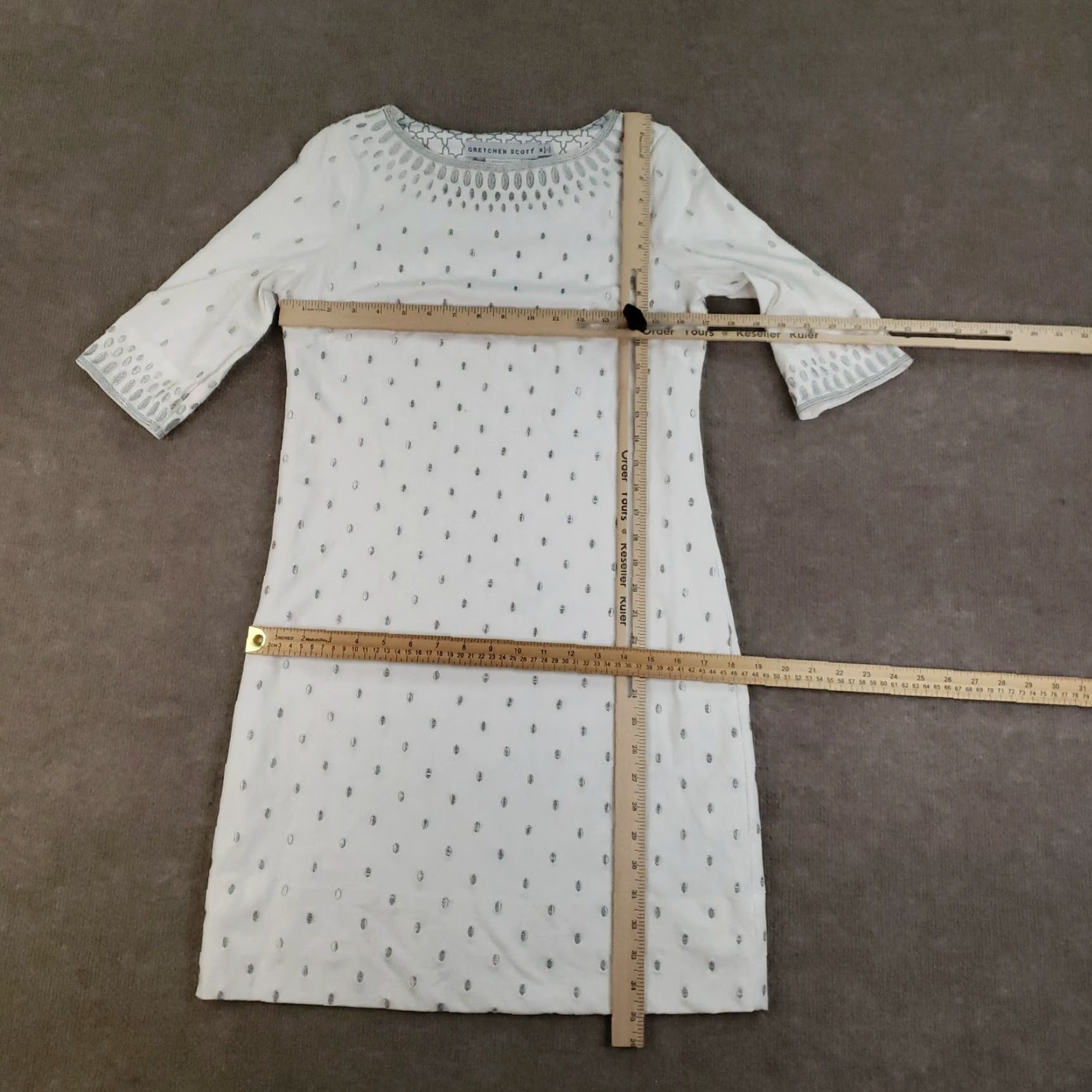 Vintage Gretchen Scott Rocket Girl Sheath Dress Womens M White Polka Dot 3/4 Sleeve Round Neck Pullover Embroidered Knee Length *Vintage: No* Size M / US 6-8 / IT 42-44 - 2 Thumbnail