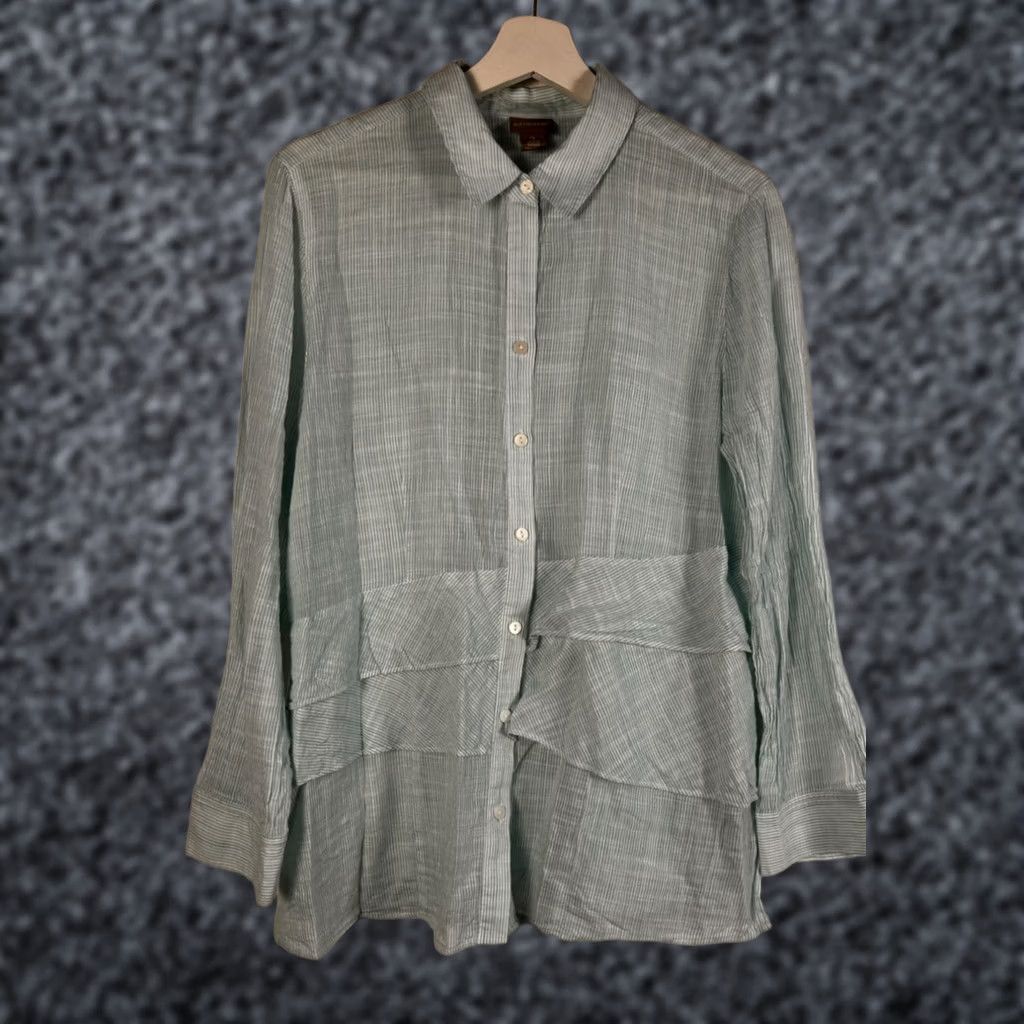 Vintage Chico's Blue Striped Button-Up Ruffle Tunic Top Shirt Size 2 Cotton Long Sleeve Womens Tunic Shirt Size XS / US 0-2 / IT 36-38 - 1 Thumbnail