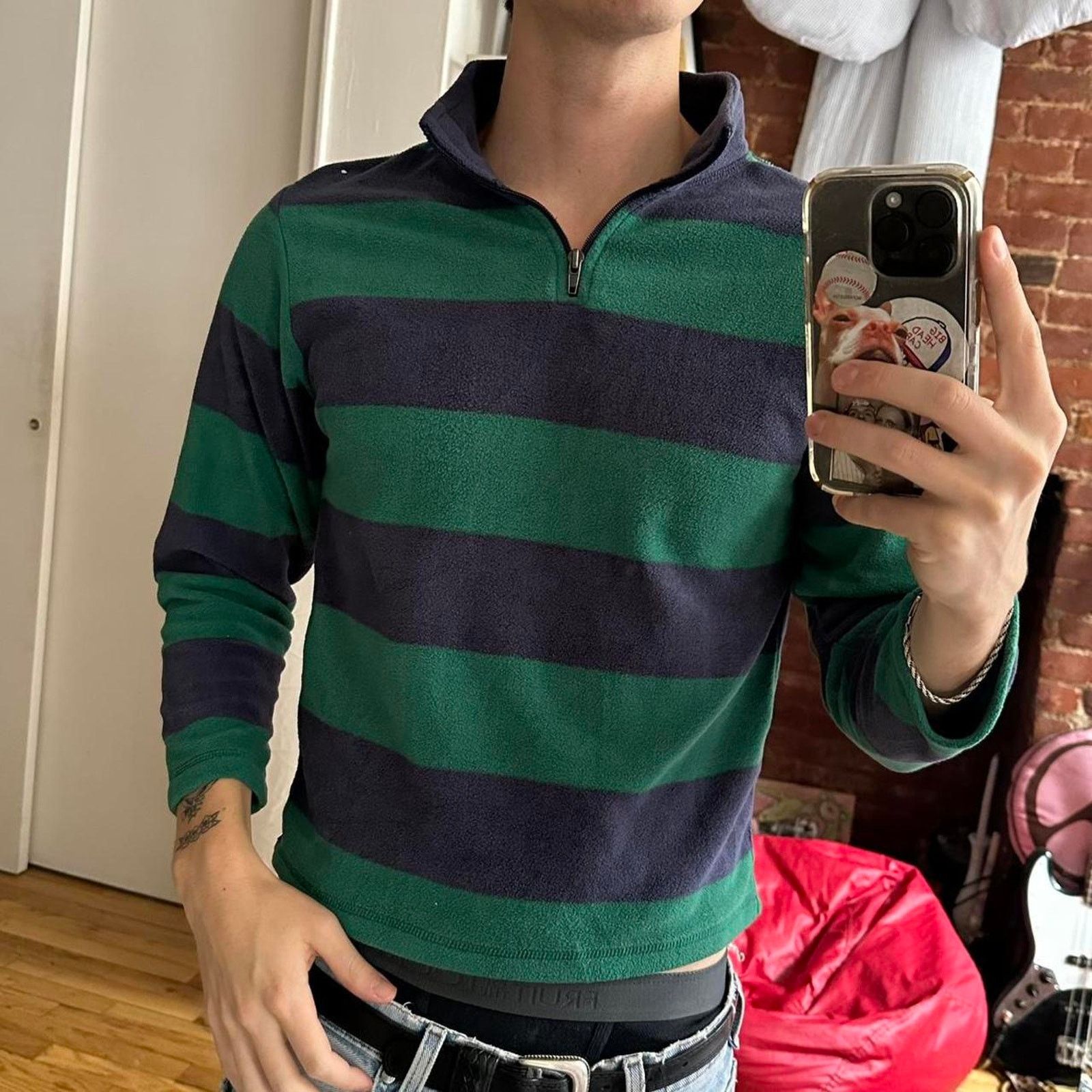 Oshkosh × Vintage Y2K 2000s Green Striped Osh Kosh BGosh Quarterzip Pullover Size US XS / EU 42 / 0 - 4 Thumbnail