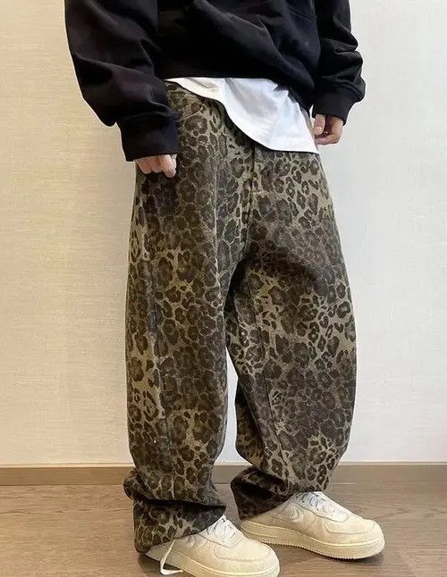 Wide Leg Leopard Print Casual Jeans