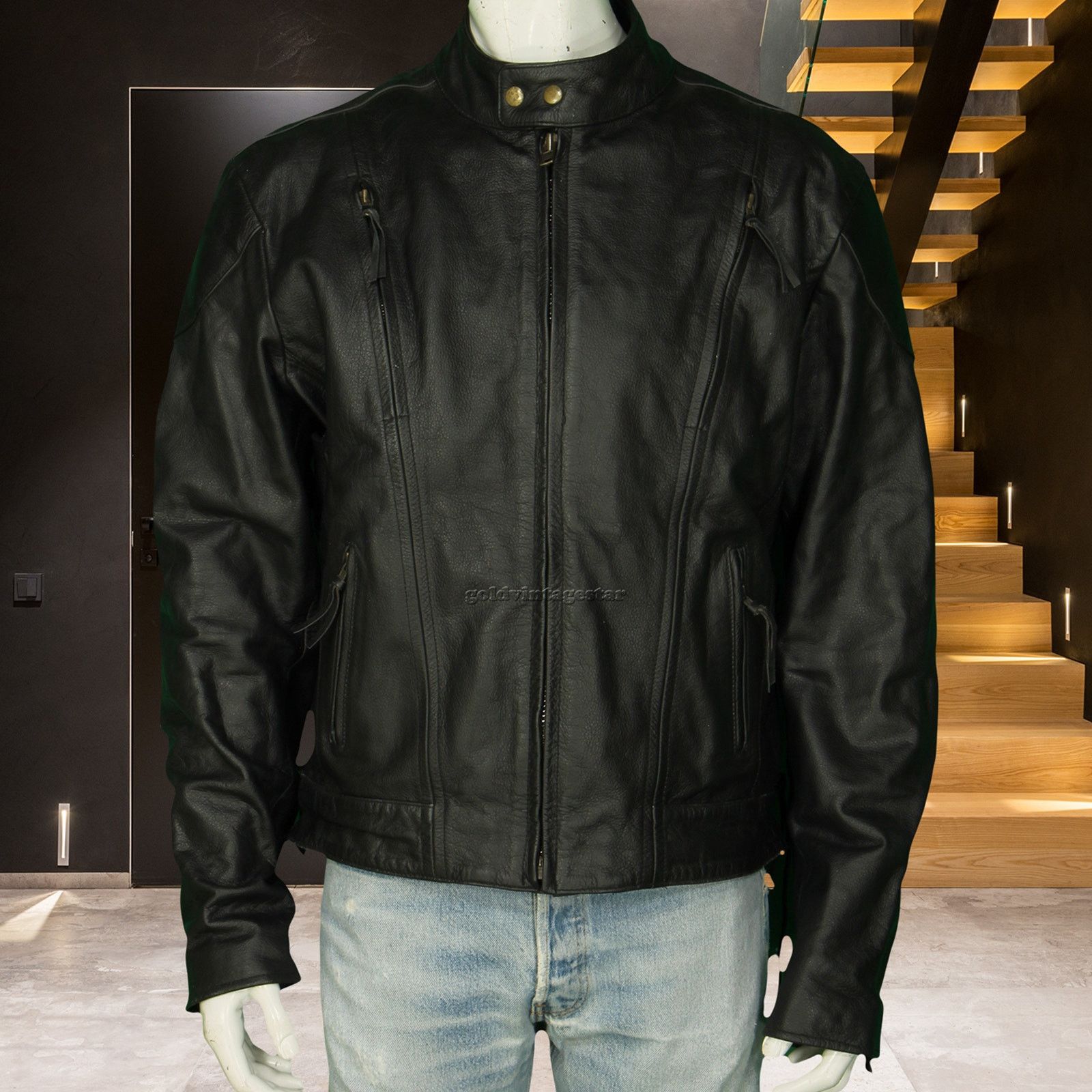 image of Himalaya Motorcycle Biker Vented Heavy Leather Jacket XL in Black, Men's