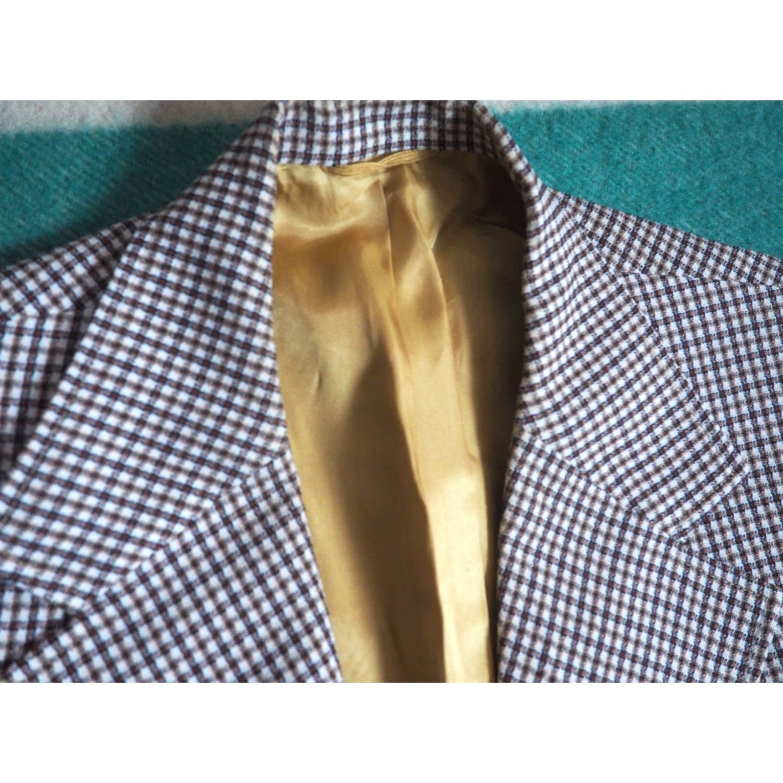Vintage VINTAGE Johnny Carson Blazer Jacket Gingham 3 Button Brown White 60s 70s Polyester 42 Mens Size 42R - 4 Thumbnail