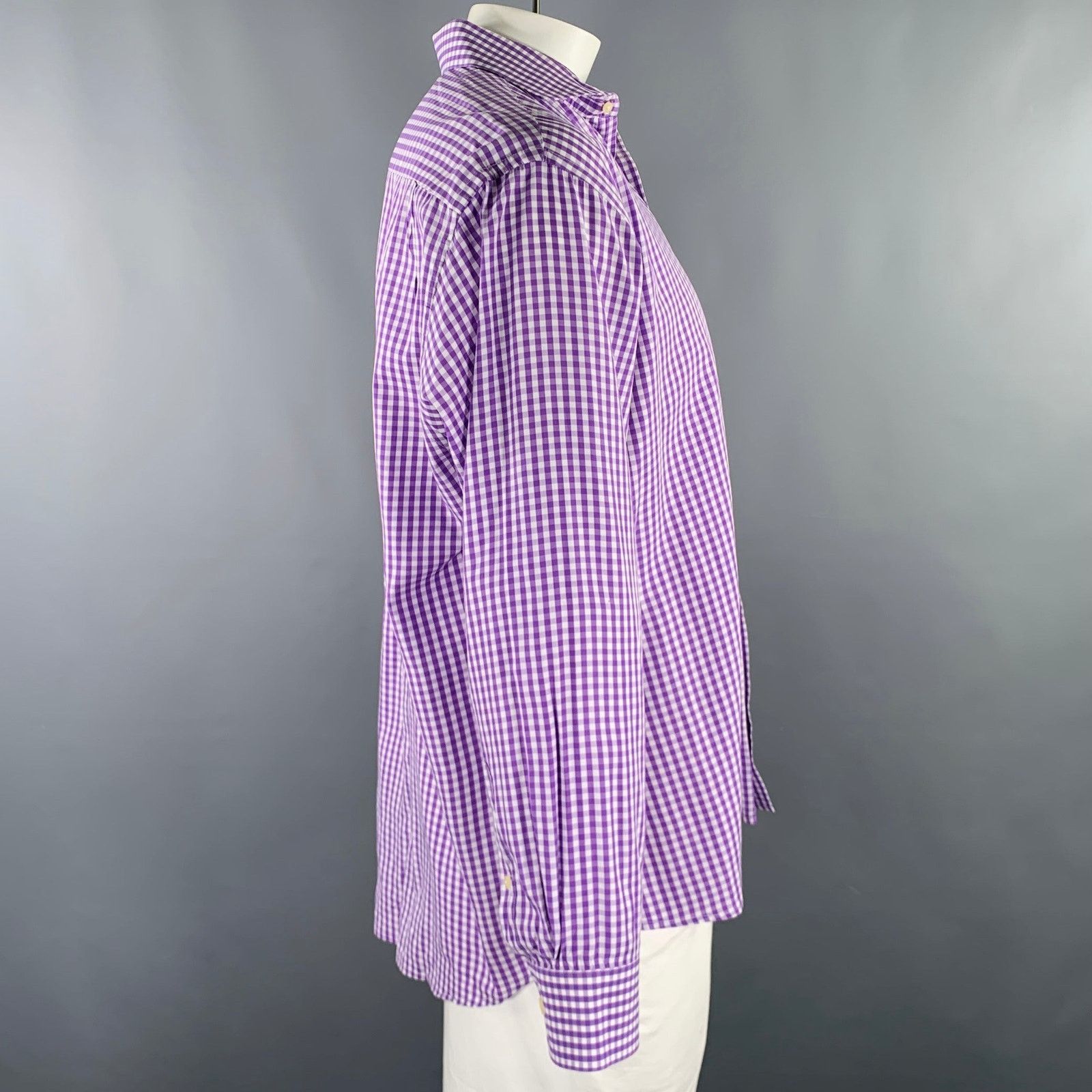 Burma Bibas Purple White Gingham Cotton Spread Collar Long Sleeve Shirt Size US XL / EU 56 / 4 - 2 Thumbnail
