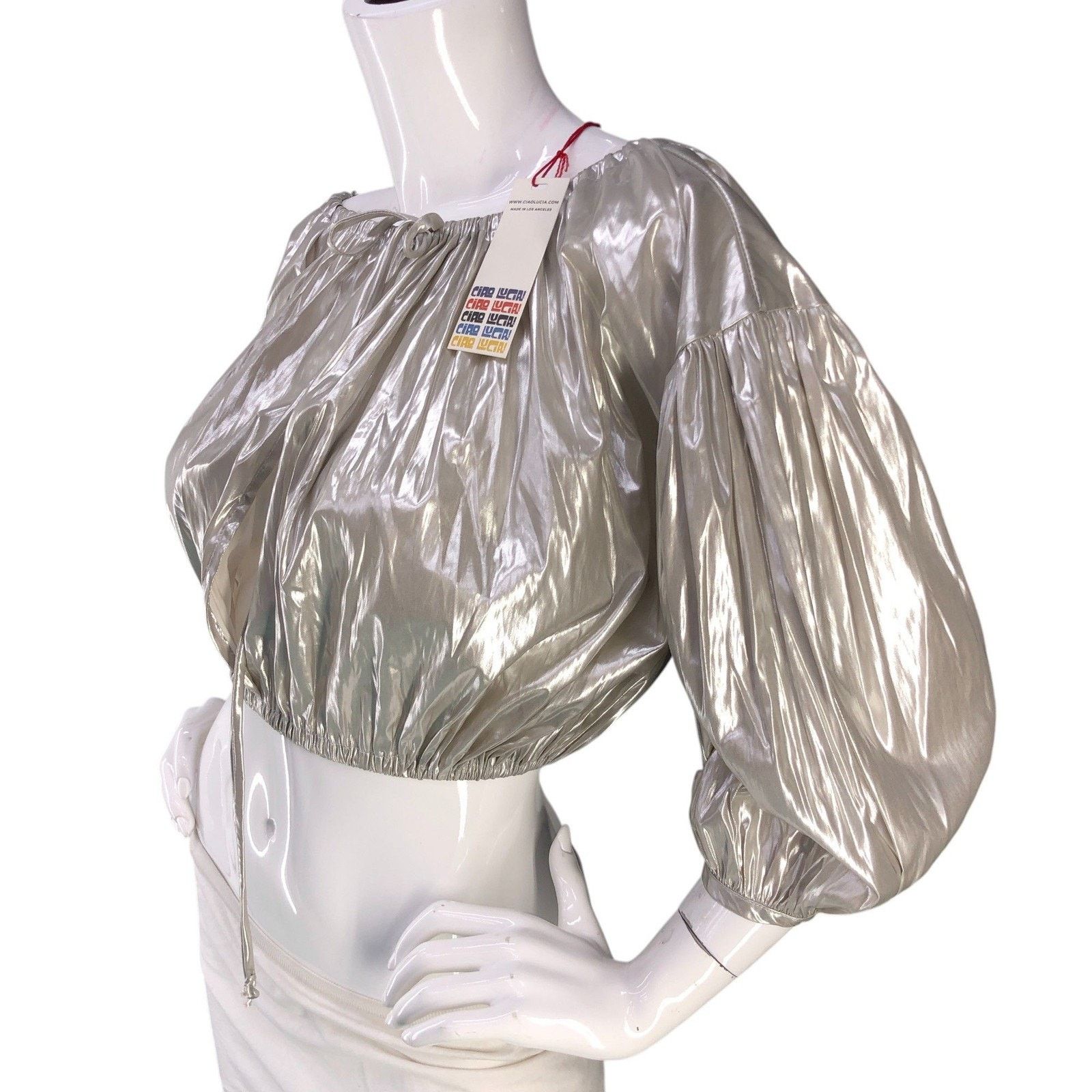Ciao Lucia Ciao Lucia Top XS Octavia Foiled Satin Cropped Puff Sleeve Size XS / US 0-2 / IT 36-38 - 4 Thumbnail