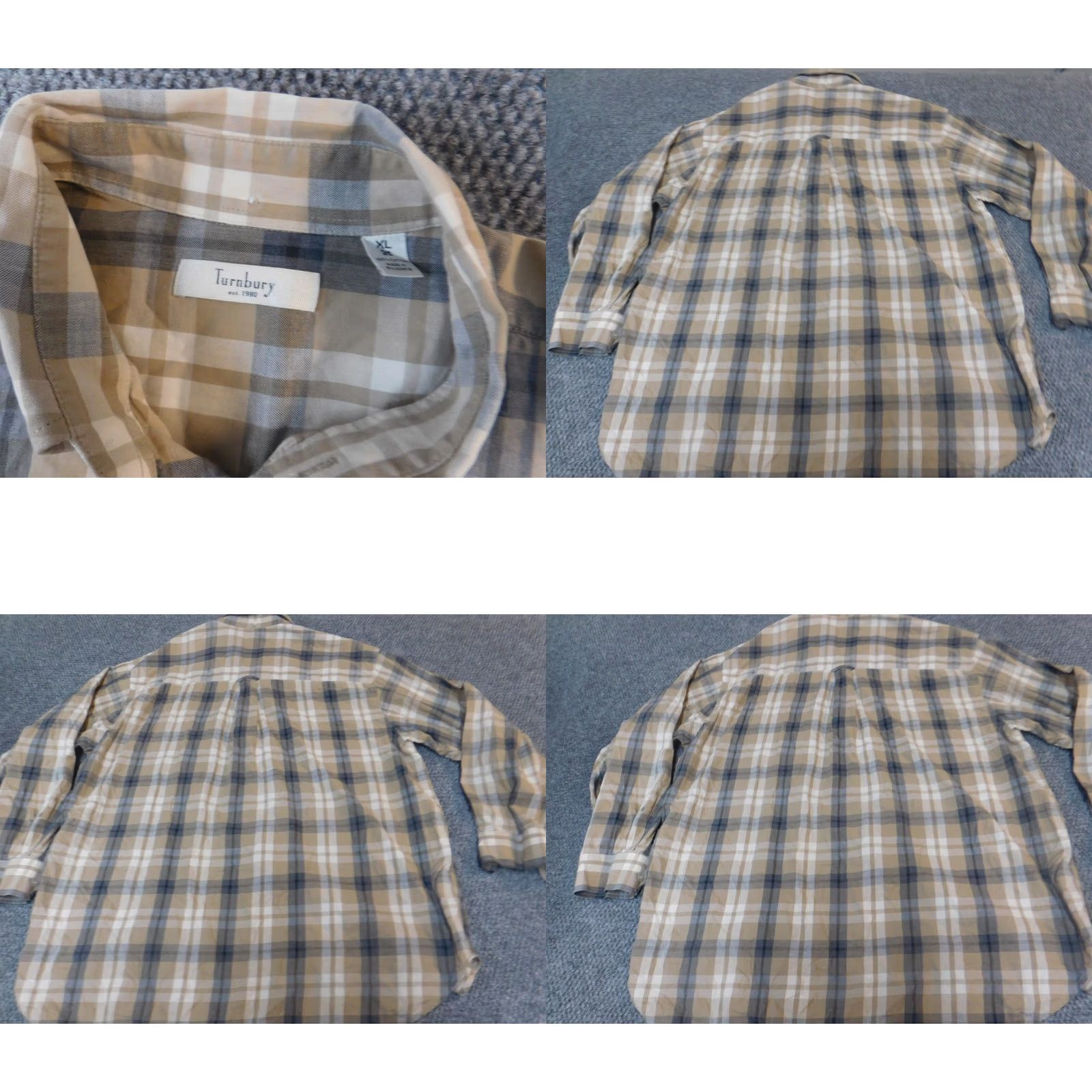 Vintage Turnbury Mens Shirt XL Beige Plaid Button-Down Collared Long Sleeve Knit Cotton Linen Button Up Easy Breathable Modern Size US XL / EU 56 / 4 - 8 Thumbnail