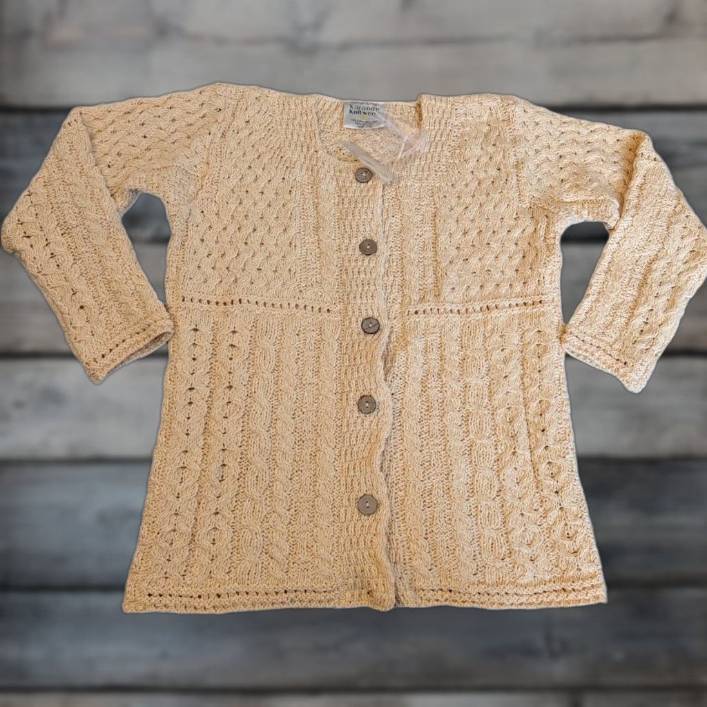 Buttero Kilronan Knitwear Cardigan Sweater Womens XS Yellow Cotton Blend, Linen Knit Geometric Cable-Knit Round Neck Long Sleeve Button Crochet Relaxed Irish Size XS / US 0-2 / IT 36-38 - 1 Thumbnail