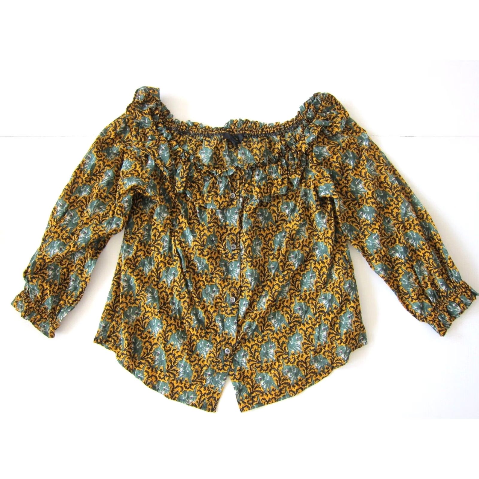 J.Crew J.Crew 100% Cotton Green Yellow Elephant Button Down Off Shoulder Blouse 6 Size M / US 6-8 / IT 42-44 - 8 Thumbnail