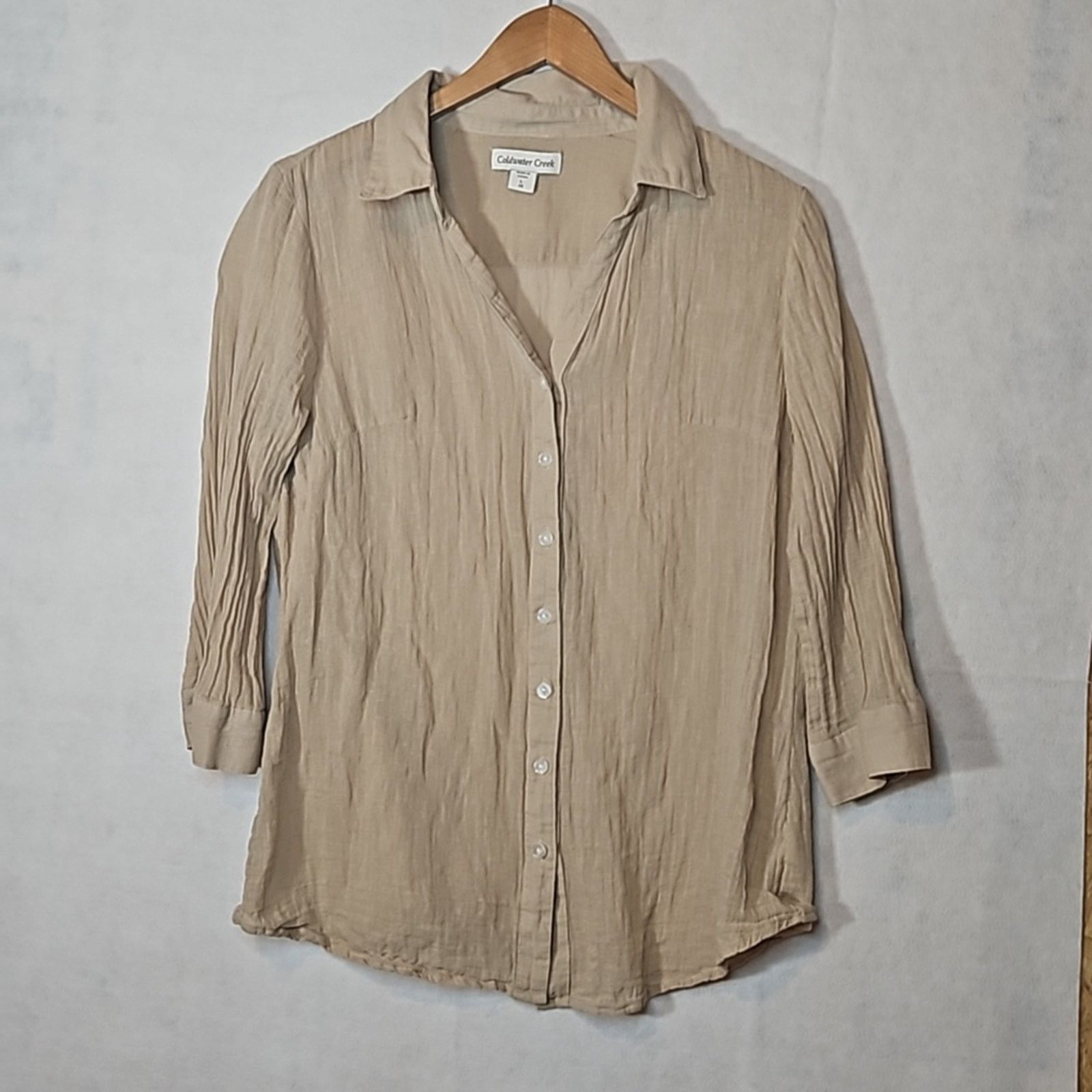 Coldwater Creek Coldwater Creek Tan Crinkle Linen Blend Button Up Shirt Size L / US 10 / IT 46 - 1 Thumbnail