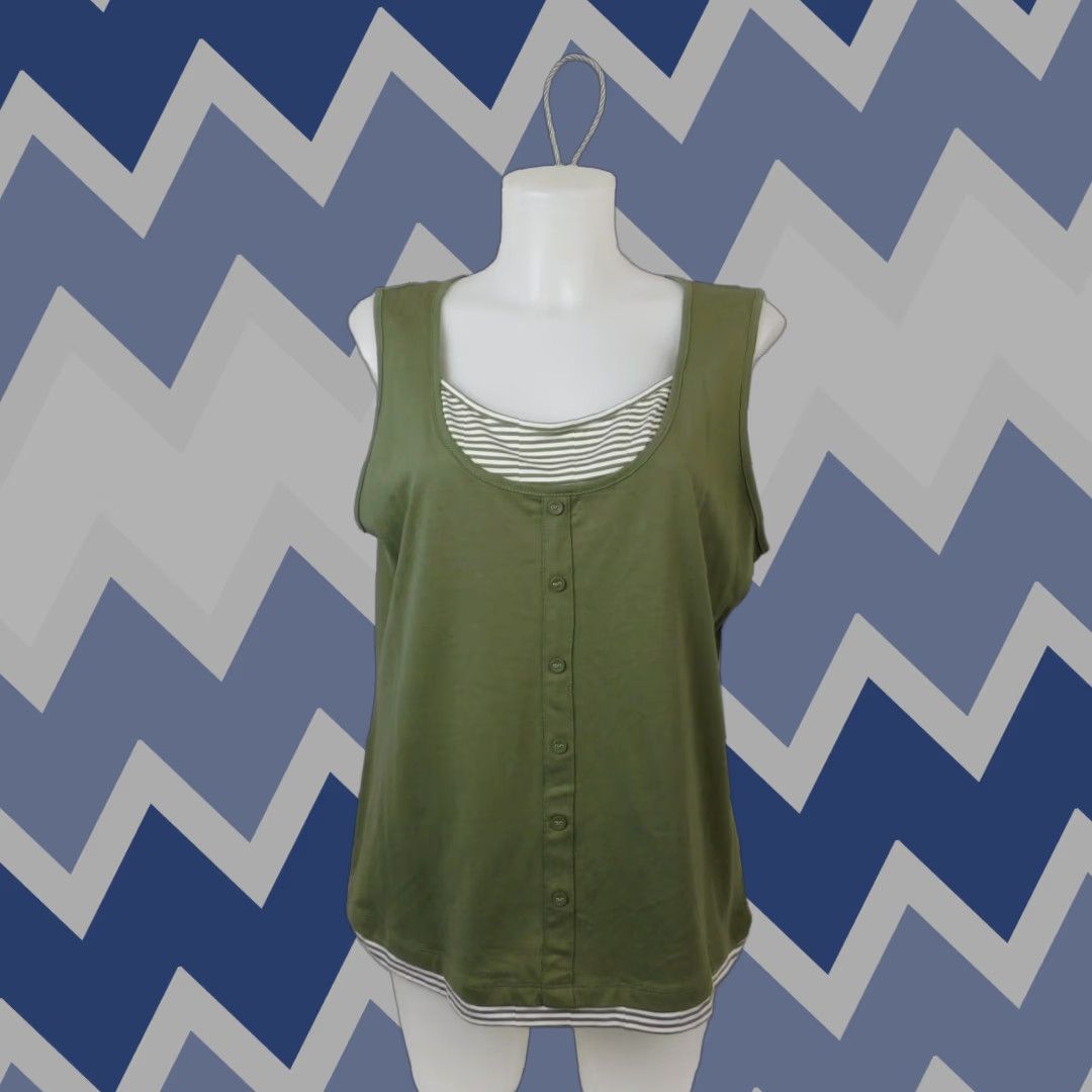 Vintage Karen Scott Tank Shirt Womens L Olive Green 100% Cotton Sleeveless Scoop Neck Button Accents Casual Basic Sports Classic Modern Short Think Tank Size L / US 10 / IT 46 - 1 Thumbnail
