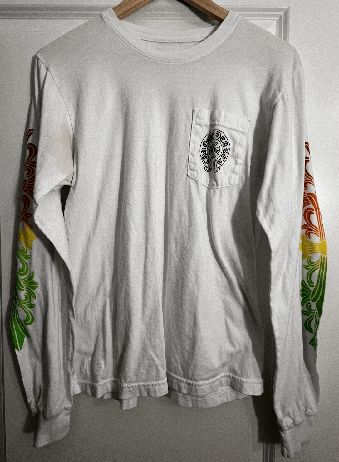 image of Chrome Hearts Multicolor Horseshoe Floral Cross L/s T-Shirt in White, Men's (Size Medium)
