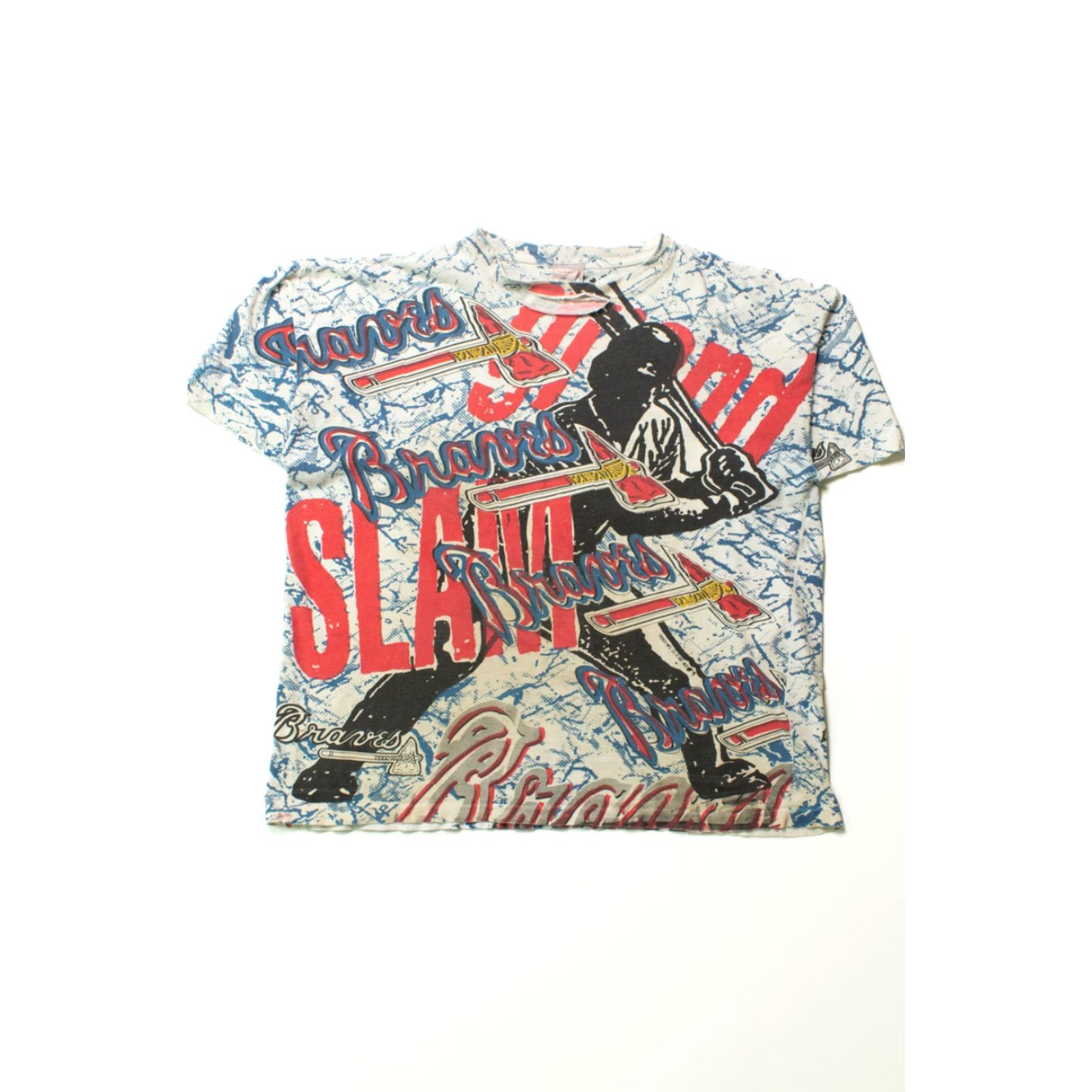 Gloverall VINTAGE Distressed Atlanta Braves All Over Graphic T-Shirt 1990s X-Large White Unisex Adults Cotton America's Favorites Mens Womens Girls Boys Size US XL / EU 56 / 4 - 2 Thumbnail