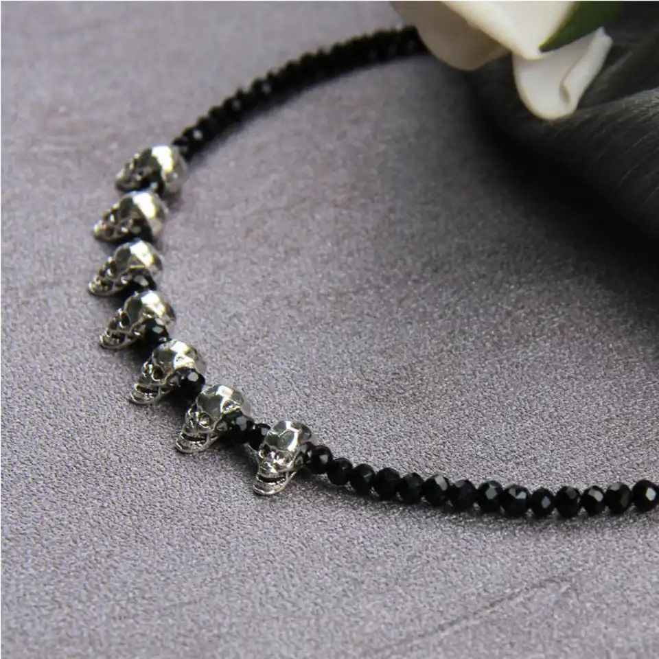Jewelry × Vintage Fairy Grunge Vintage Dark Black Beaded Skull Necklace Size ONE SIZE - 3 Thumbnail