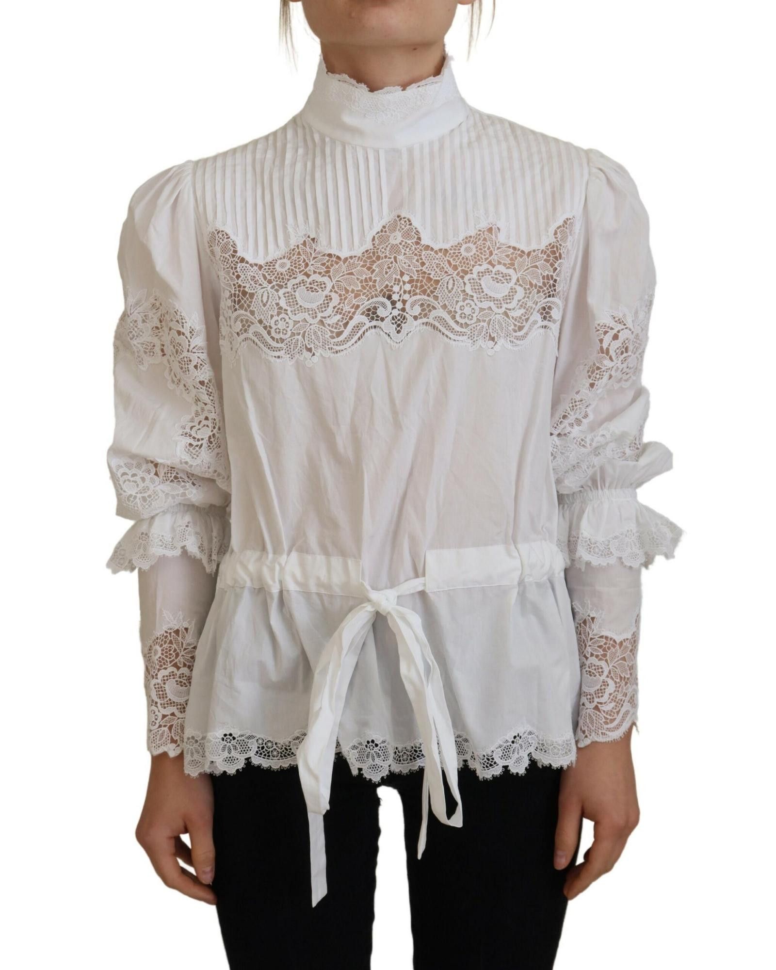 image of Dolce Gabbana Lace Trim Turtle Neck Blouse in White, Women's (Size Small)