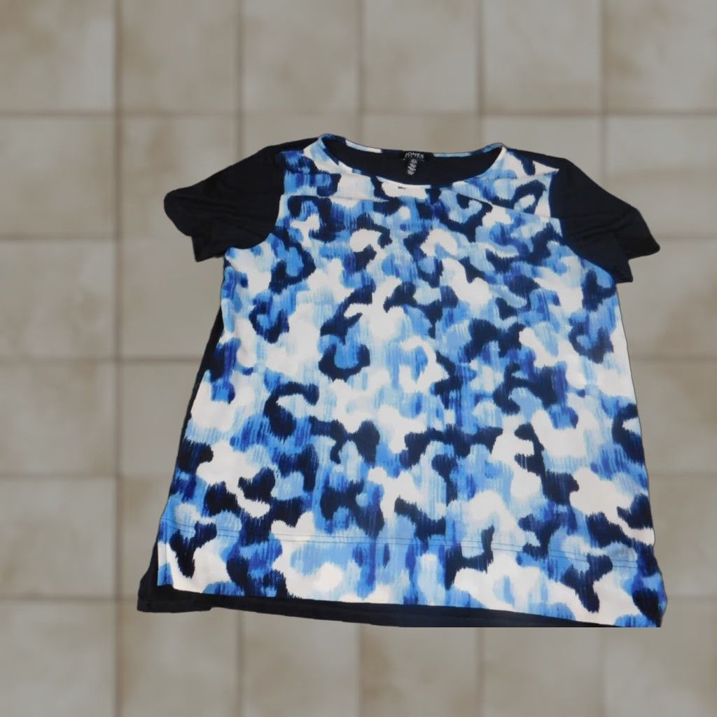 Jones New York Jones New York Womens Blouse L Blue Floral Crew Neck Short Sleeve Pullover Polyester Rayon Stretch Casual Regular Cap Sleeve Size L / US 10 / IT 46 - 1 Thumbnail