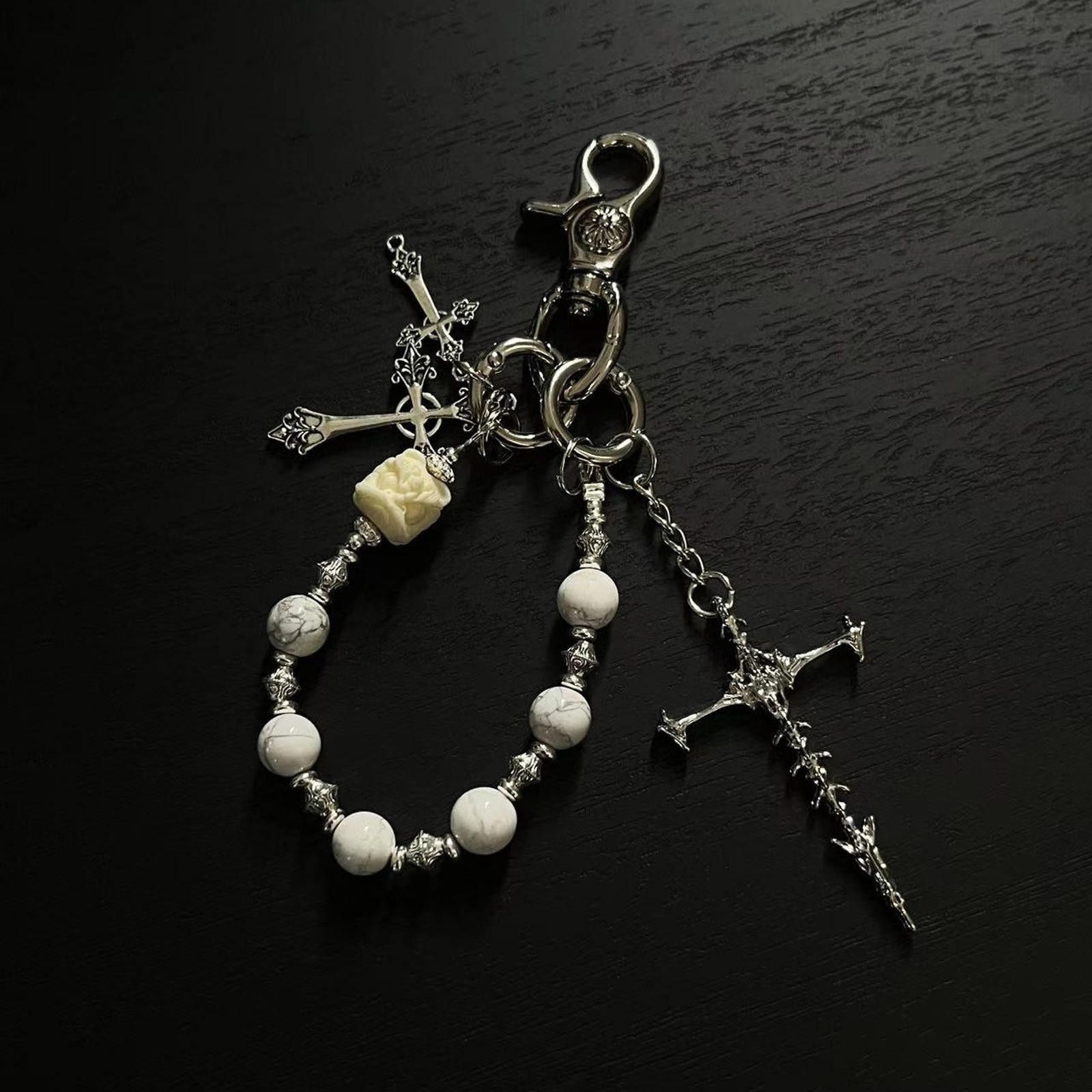 Jewelry Silver Cross Charm Keychains with Beaded Detail Size ONE SIZE - 3 Thumbnail