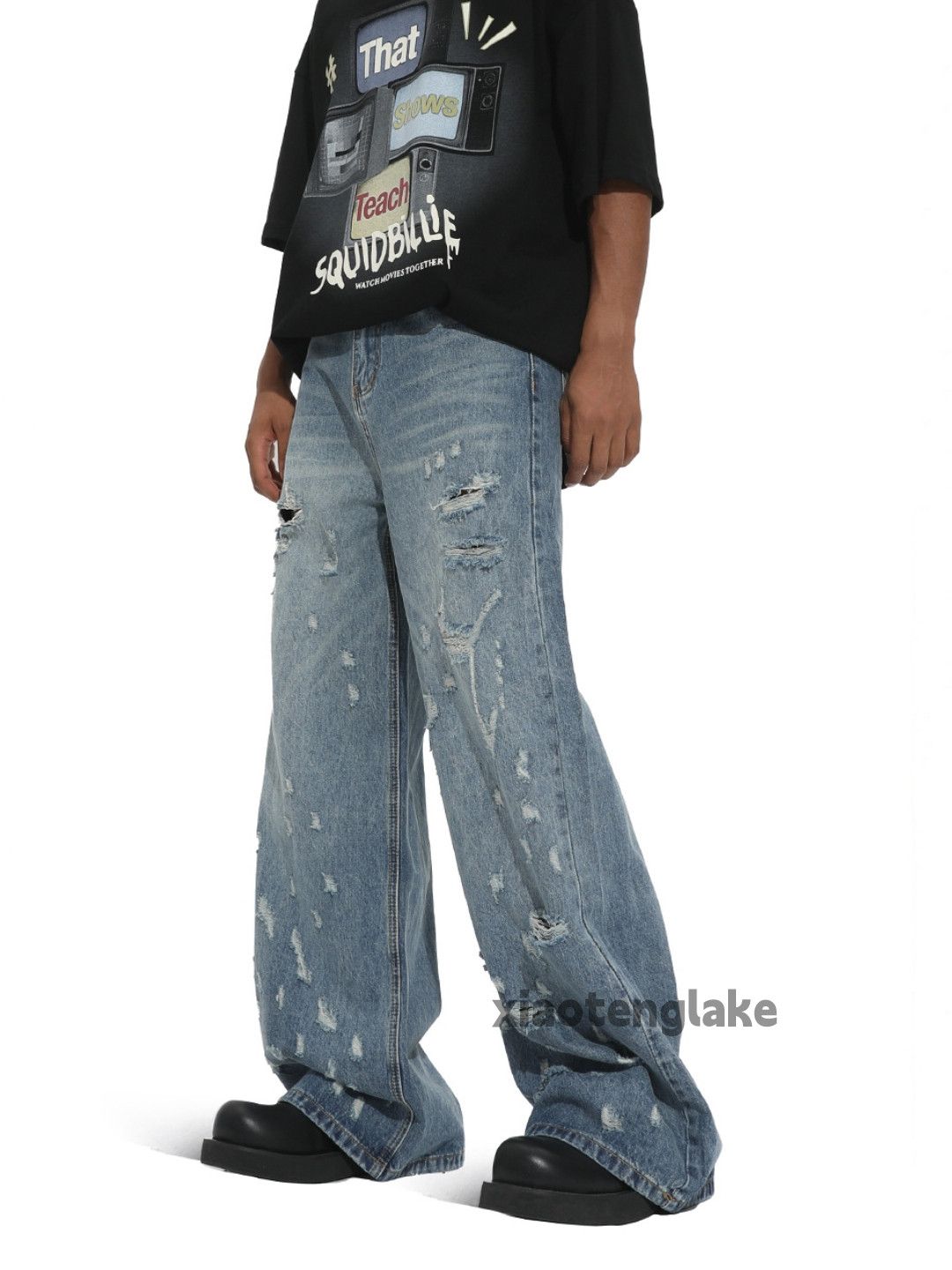 Jean unisex washed faded loose baggy hiphop flared jeans Size US 28 / EU 44 - 3 Thumbnail