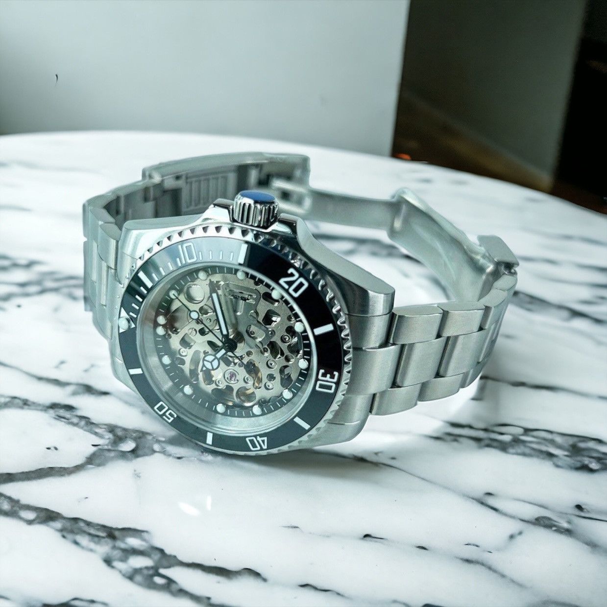 Japanese Brand Seiko Mod Submariner Black Bezel Skeleton Dial Steel Watch Size ONE SIZE - 3 Thumbnail