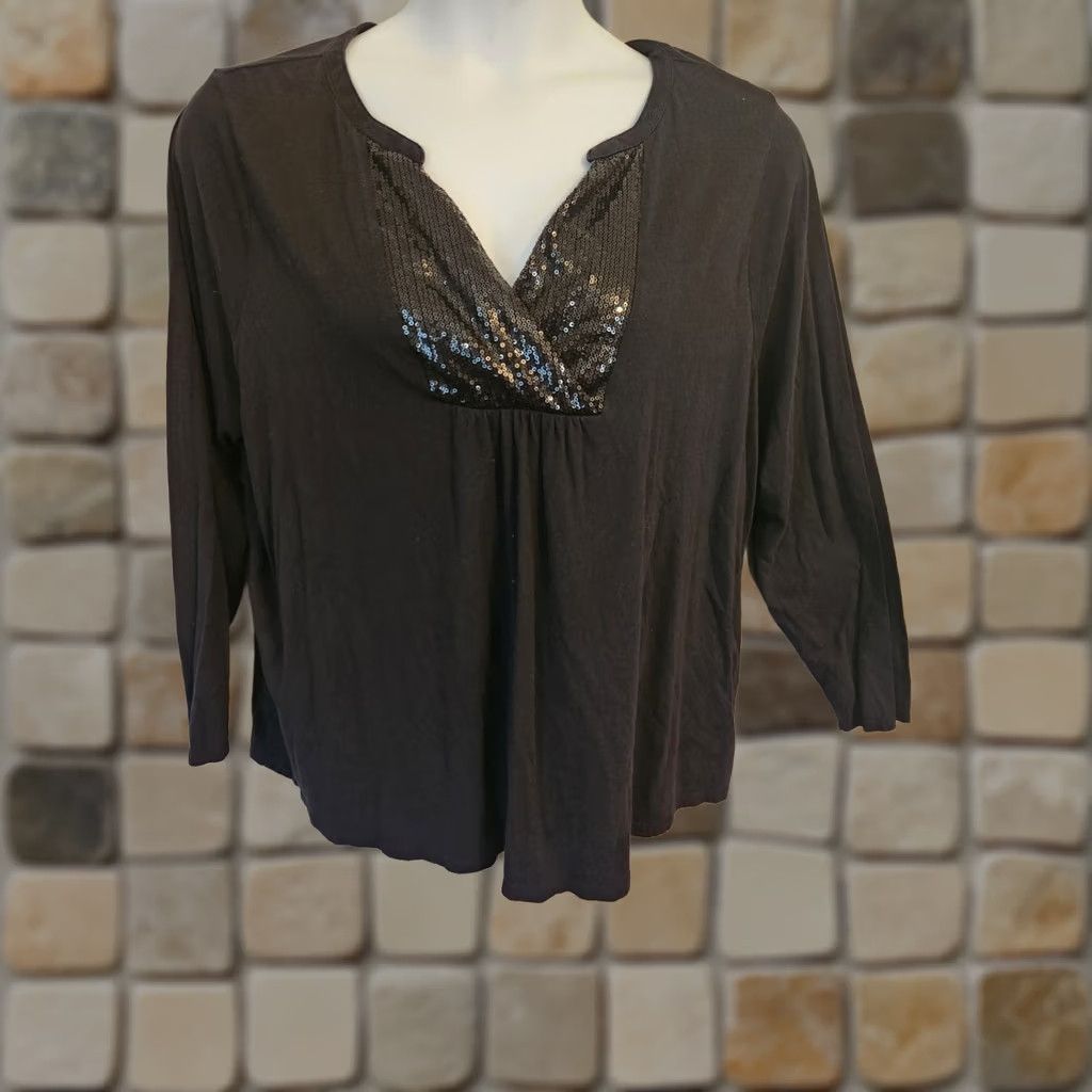 Vintage Lane Bryant Womens Top Black Long Sleeve V Neck Sequins Stretch Plus Size 22 24 Blouse Size 3XL / US 20-22 - 1 Thumbnail