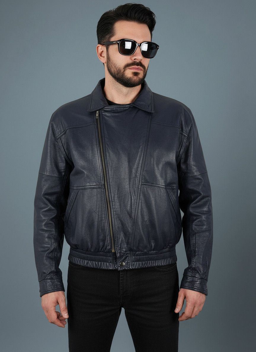 Vintage Vintage 90s Dark Blue Goatskin Leather Biker Bomber Jacket Size US M / EU 48-50 / 2 - 1 Thumbnail