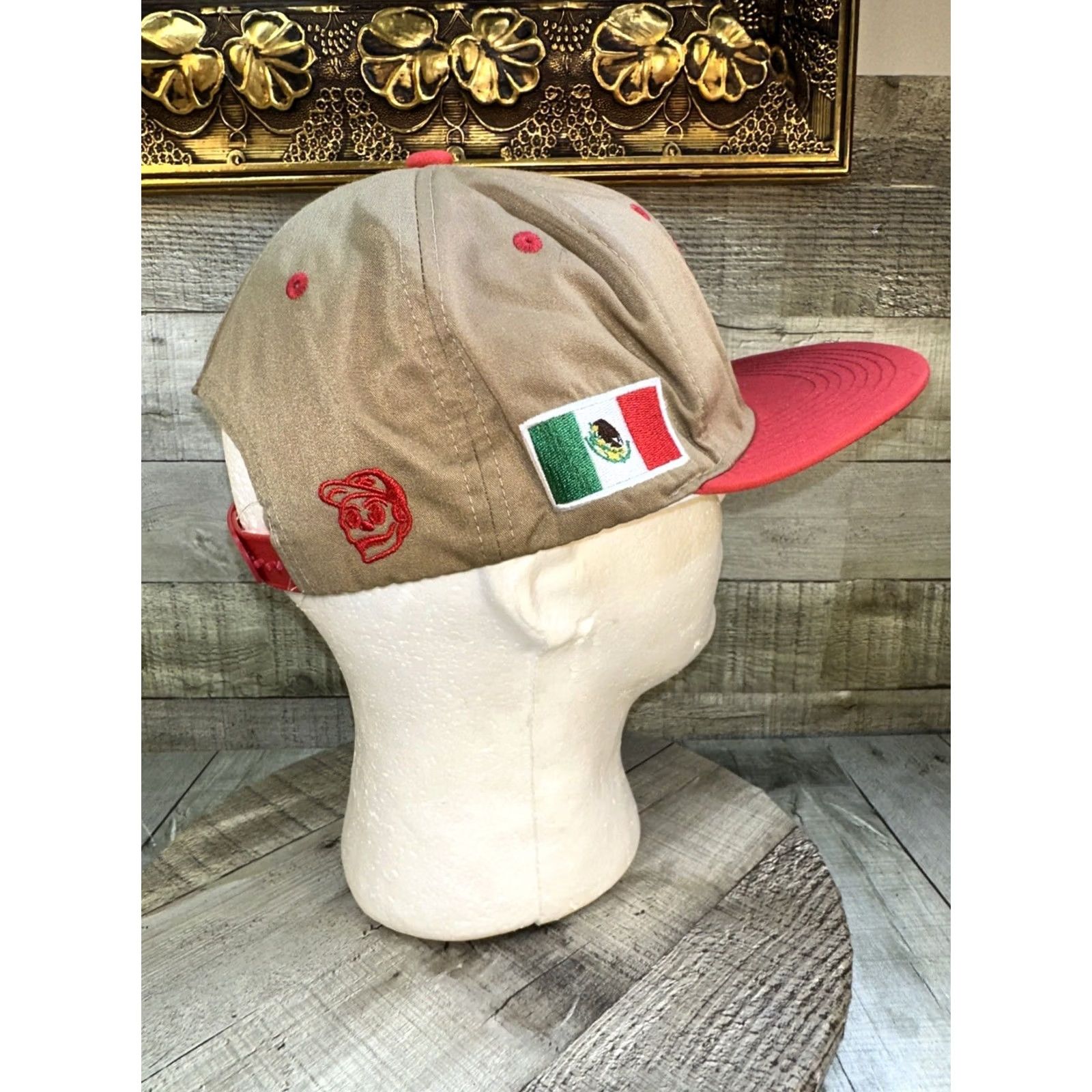 Vintage Unbranded Cockfighting Mexico USA Snapback Hat Cap Beige Beige Tan crown / red brim Men One Size Adjustable snapback Size ONE SIZE - 4 Thumbnail