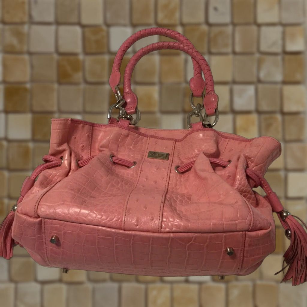 Crocs Vintage Isabella Adams Leather Shoulder Bag Large Pink Ostrich Texture Satchel With Inner Pockets Womens in White