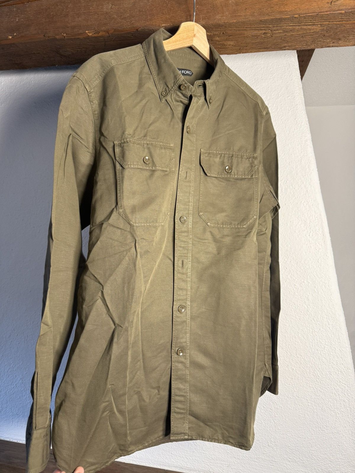 Tom Ford Tom Ford Olive Green Linen Cotton Shirt Size 42 / Fits M-L Size US M / EU 48-50 / 2 - 1 Thumbnail