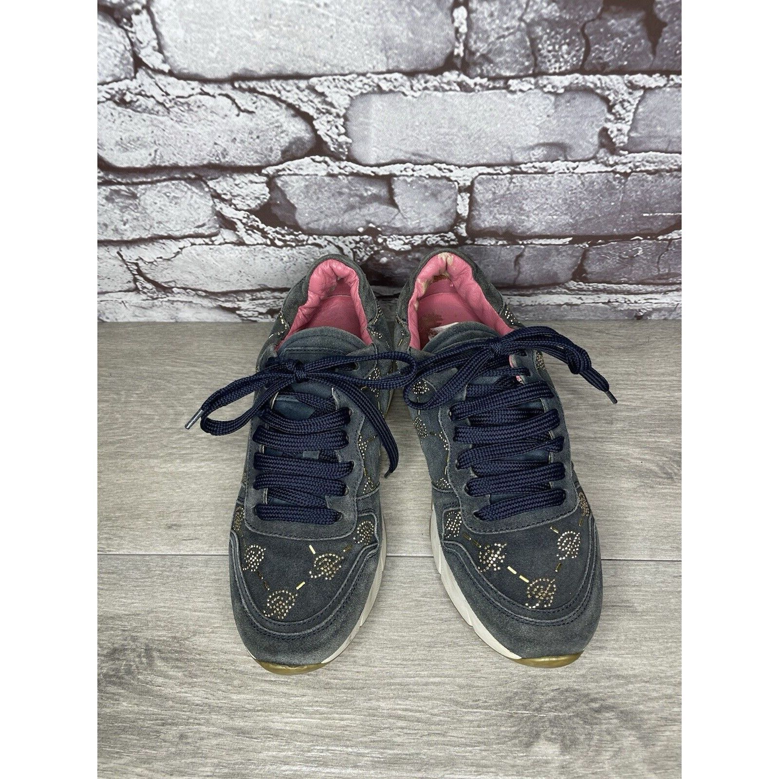 Blumarine Blumarine Blue Suede Gold Embellished Lace Up Sneakers Women Size US 6 / IT 36 - 22 Thumbnail