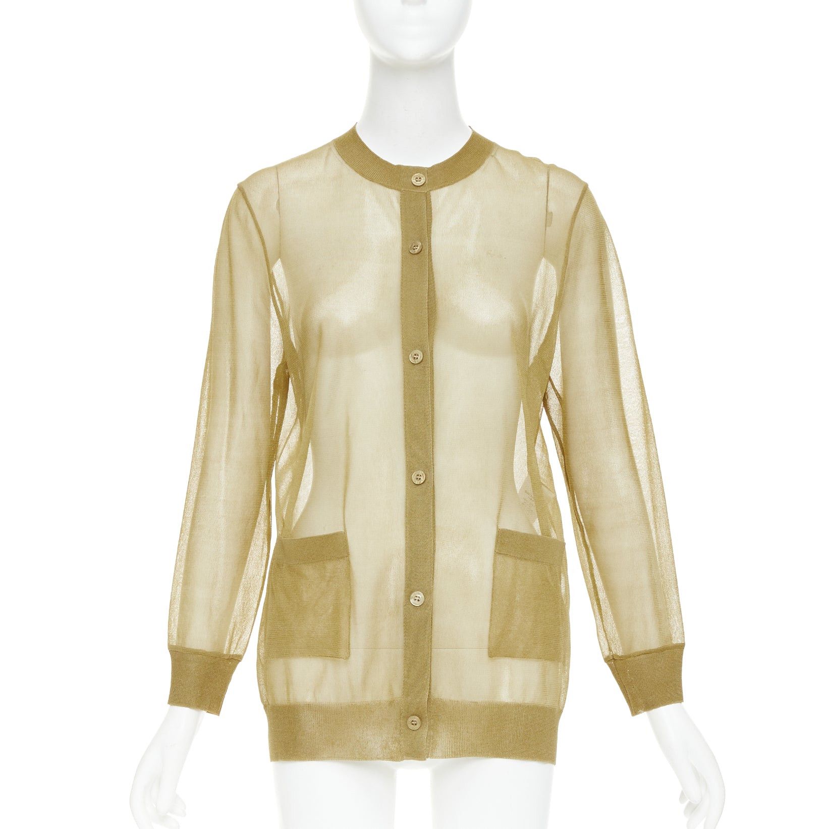 Saint Laurent Paris SAINT LAURENT 2024 100% silk beige gold sheer crew neck cardigan top L Size M / US 6-8 / IT 42-44 - 1 Thumbnail