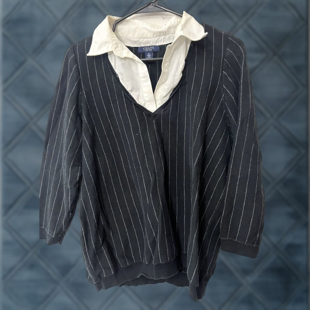 Chaps CHAPS Women’s Knit Sweater - Black Striped V-Neck 3/4 Sleeve Pullover, Size 1X Plus, Casual Boxy Knit Skinny Ribbed, Autumn Size XL / US 12-14 / IT 48-50 - 1 Thumbnail