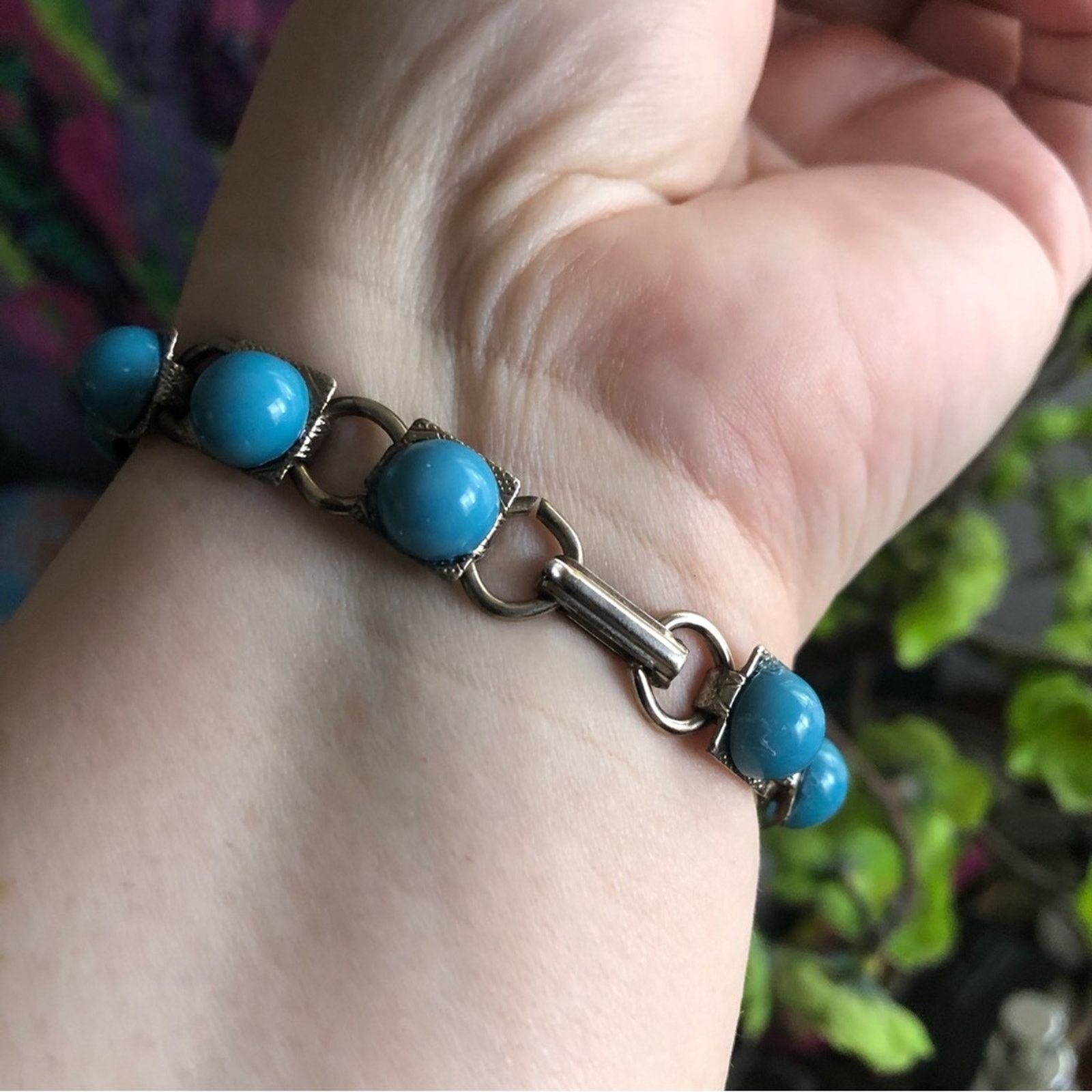 Vintage Vintage 70s turquoise cabochon silver link bracelet Size ONE SIZE - 5 Thumbnail