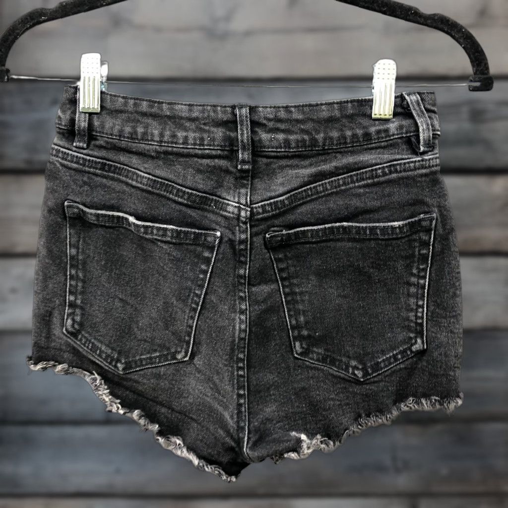 Zara VINTAGE? No — Zara High Rise Denim Jean Shorts Womens Size 2 Black Wash Cutoff Frayed Stretch Denim Shorts Size 26" / US 2 / IT 38 - 1 Thumbnail