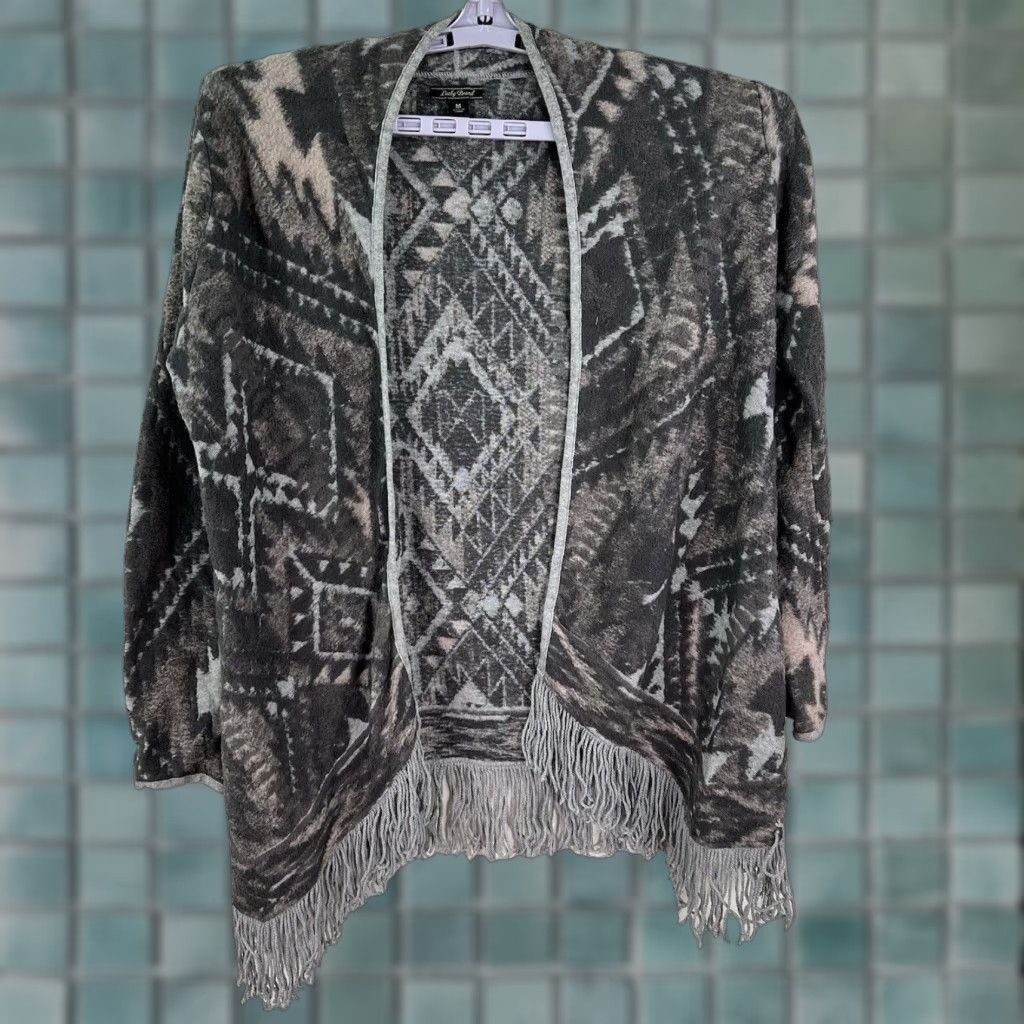 Lucky Brand Lucky Brand Cardigan Shirt Womens M Gray Open Fringe Geometric Southwest Bohemian Aztec Western 90s? (Note: exclude new info) Size M / US 6-8 / IT 42-44 - 1 Thumbnail