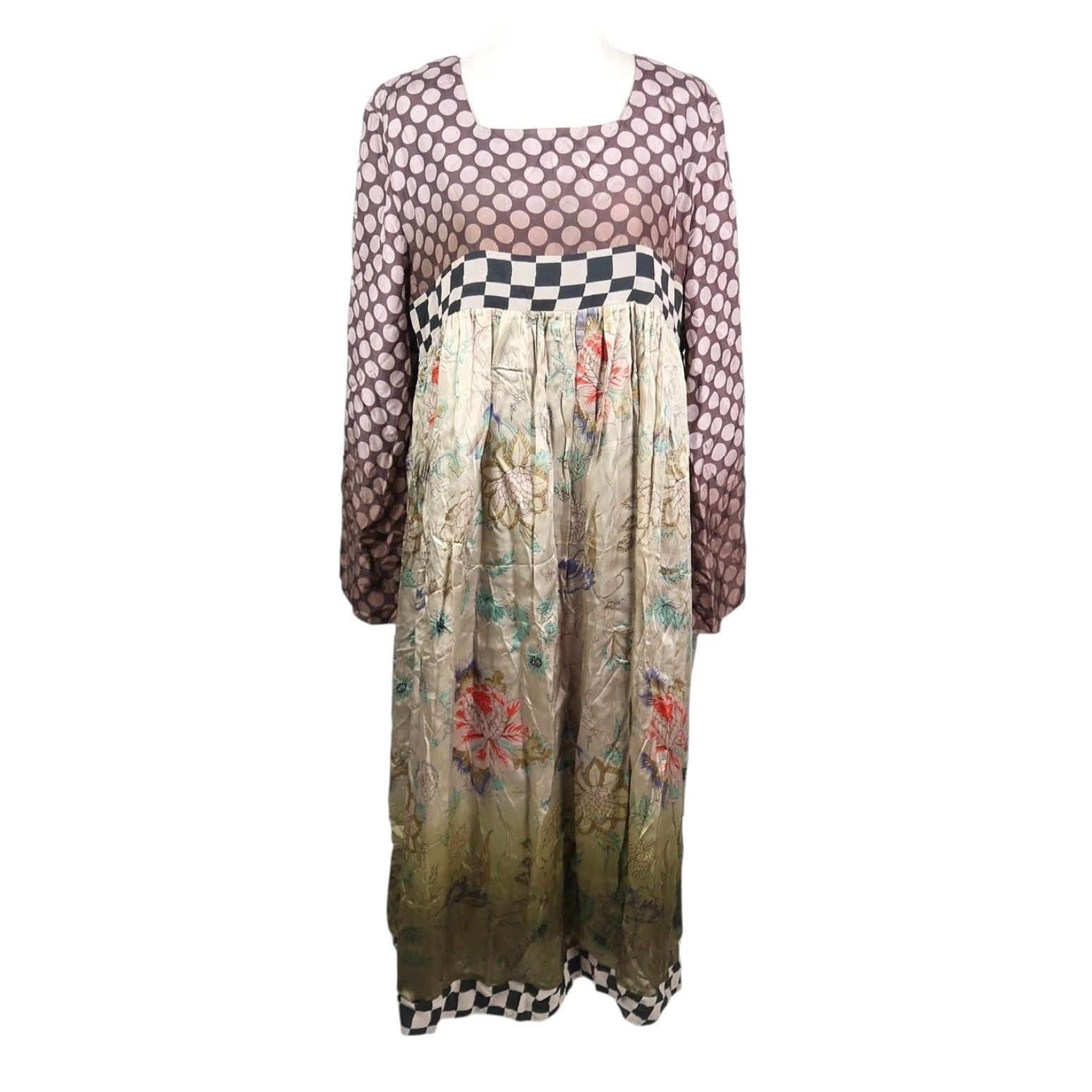 Anthropologie VINEET BAHL Anthropologie Brown Dot Green Floral Flowy Midi Dress M Women Long Sleeve Satin Viscose Bohemian Floral Pattern Midi Dress Size M / US 6-8 / IT 42-44 - 2 Thumbnail