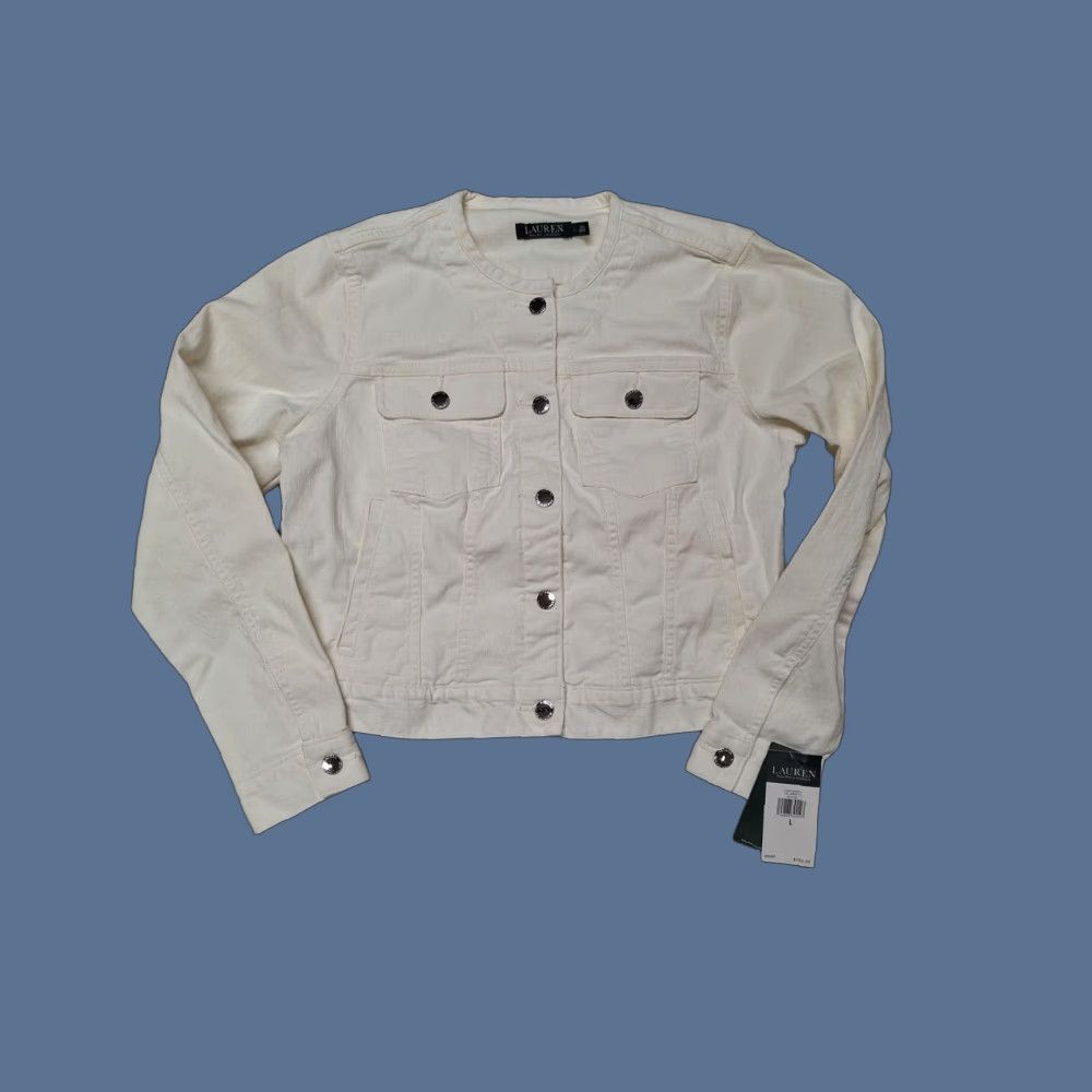 Ralph Lauren Womens Lauren Ralph Lauren Denim Western Jean Jacket L White Western Denim Nwt Collar Staining Read See Photos L Size 36" / US 14 / IT 50 - 1 Thumbnail