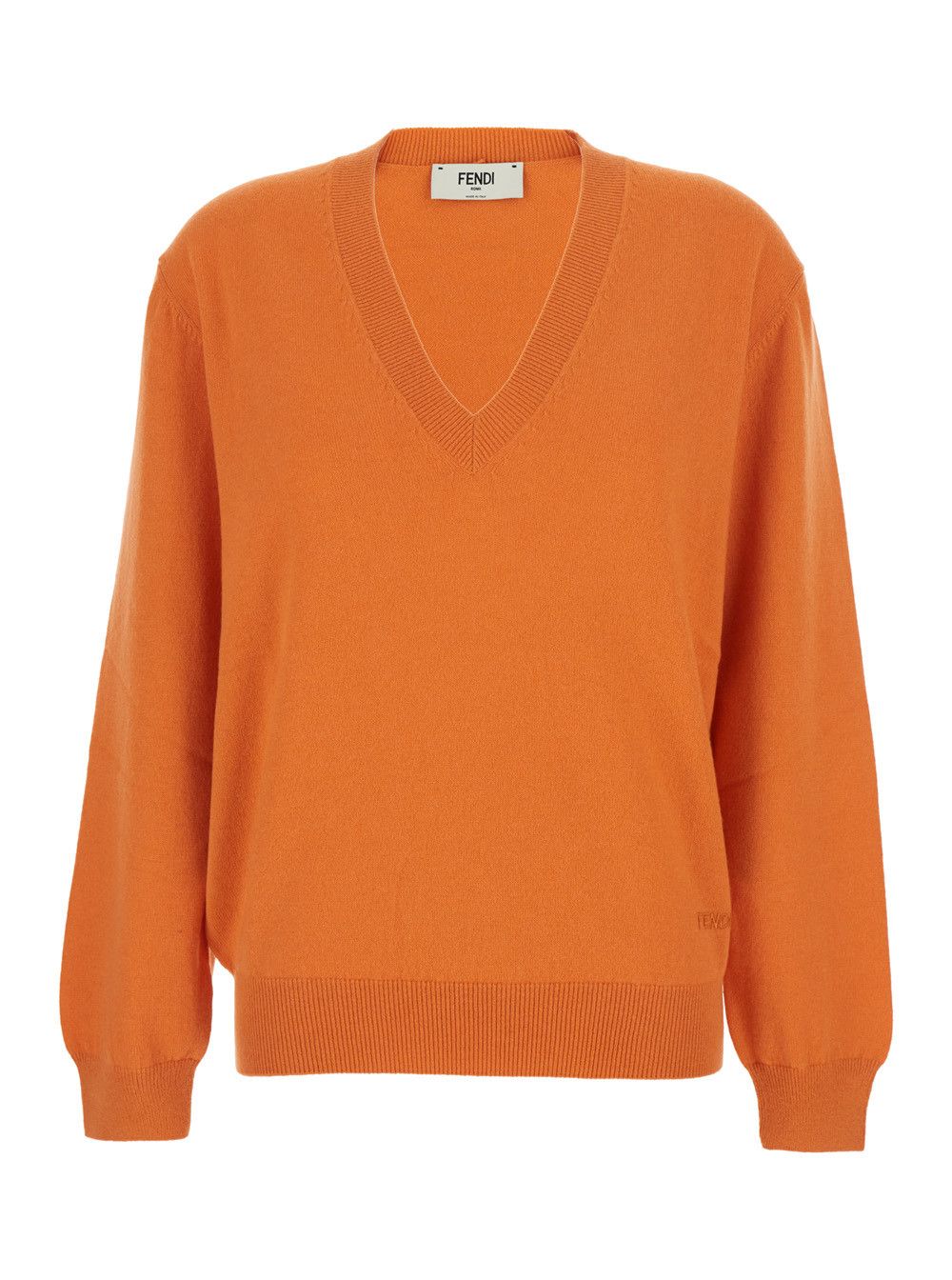 Fendi Orange Oversized Sweater with V-Neck and Logo Lettering Embroidery in Cashmere for Women Size M / US 6-8 / IT 42-44 - 1 Thumbnail