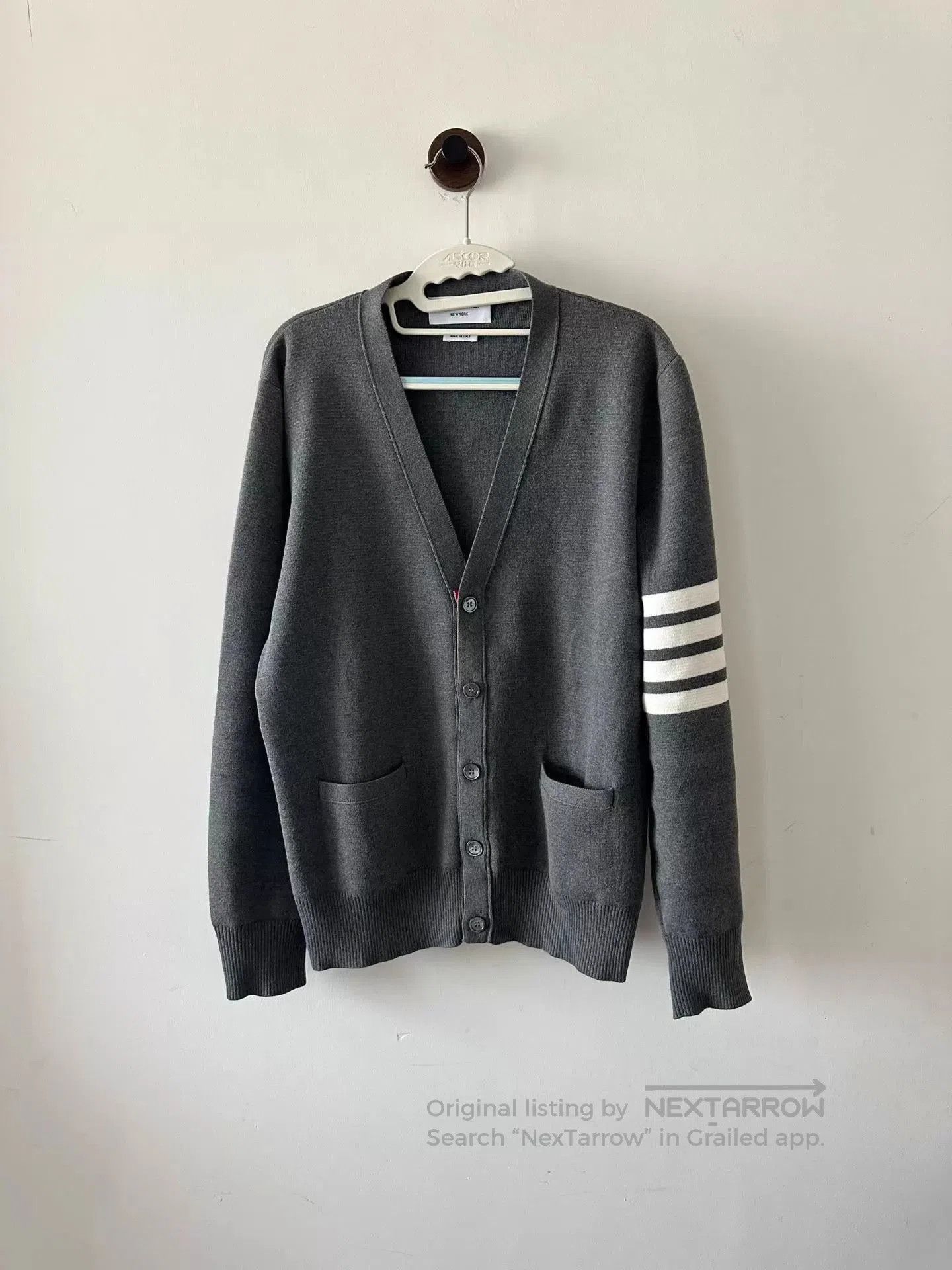 Thom Browne Gray V-Neck Button Cardigan with Striped Sleeve. Size US L / EU 52-54 / 3 - 1 Thumbnail